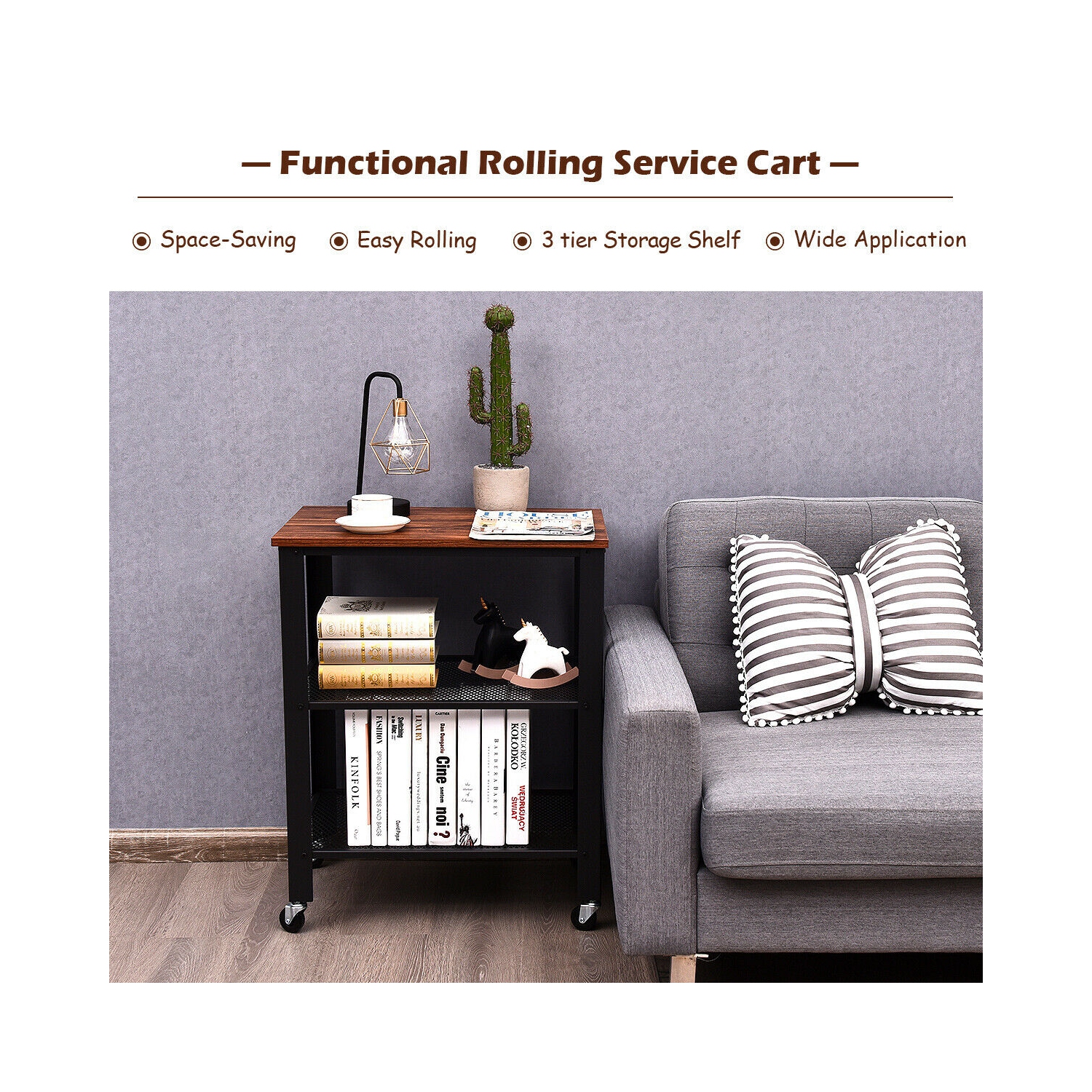 Gymax Industrial Serving Cart 3-Tier Kitchen Utility Cart on Wheels w/Storage Black