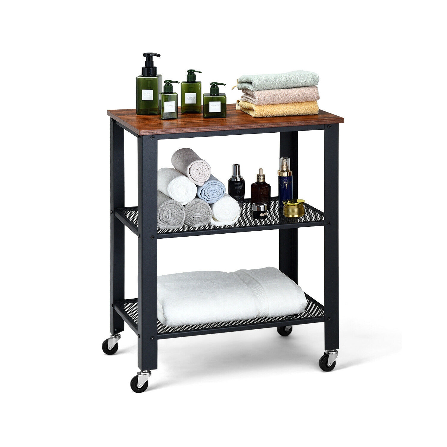 Gymax Industrial Serving Cart 3-Tier Kitchen Utility Cart on Wheels w/Storage Black