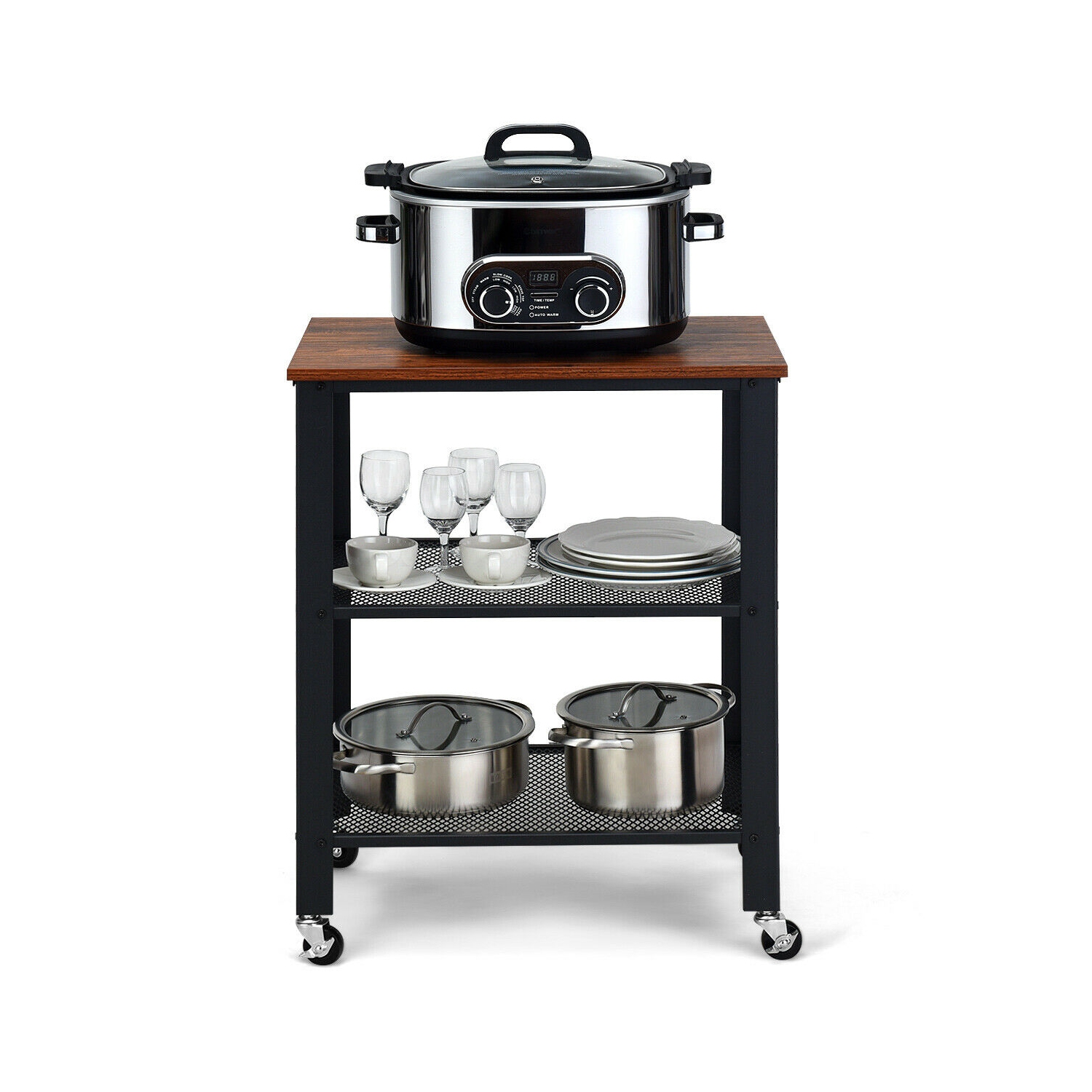 Gymax Industrial Serving Cart 3-Tier Kitchen Utility Cart on Wheels w/Storage Black