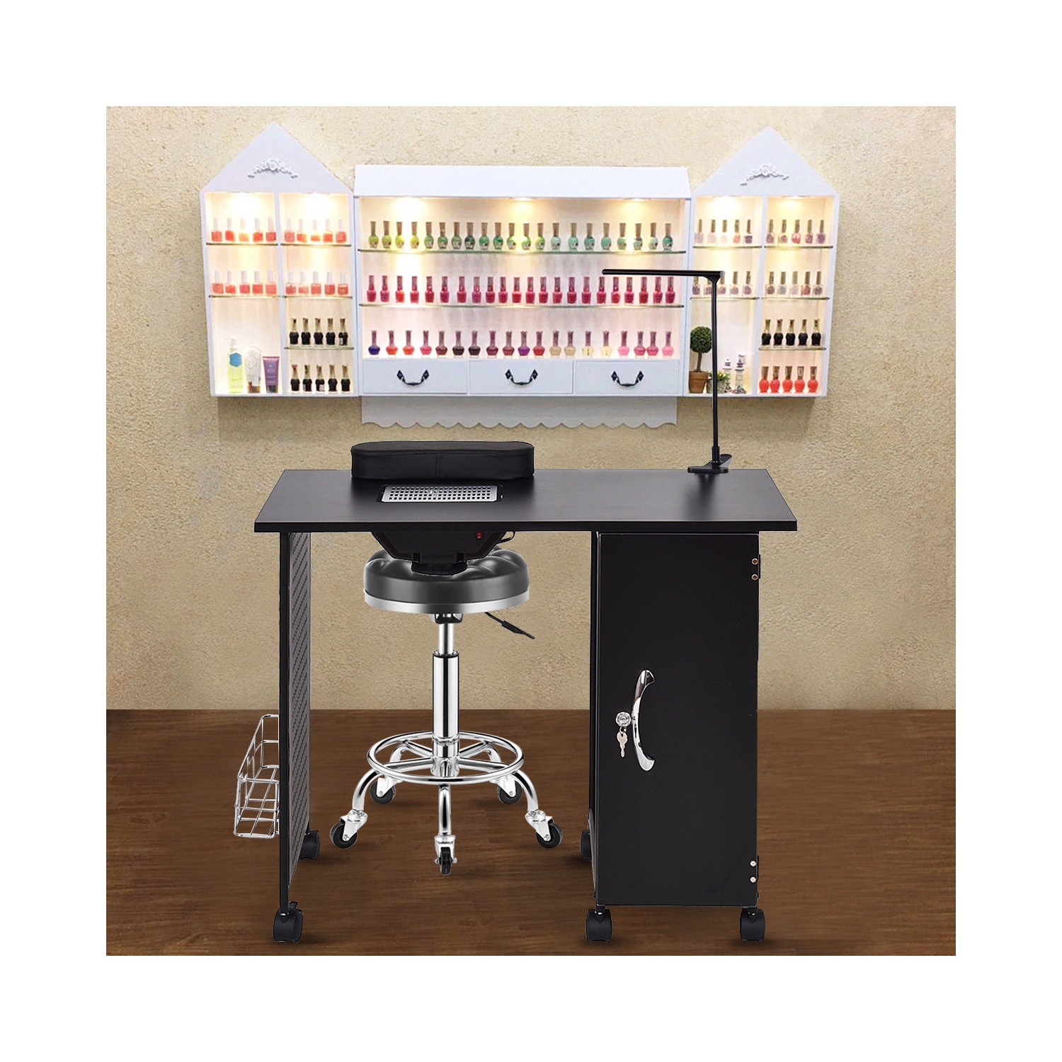 Gymax Manicure Nail Table Station Black Steel Frame Beauty Spa Salon Equipment Drawer