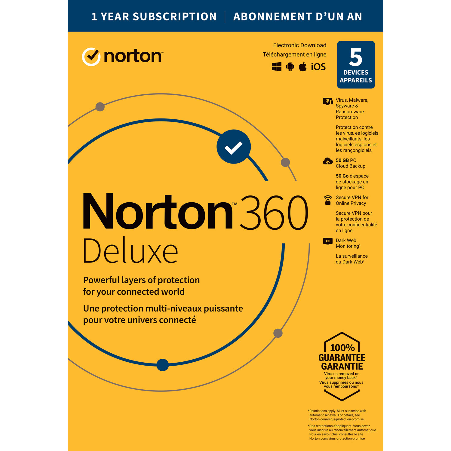 Norton 360 Deluxe (PC/Mac) - 5 Devices - 50GB Cloud Backup - 1-Year Subscription