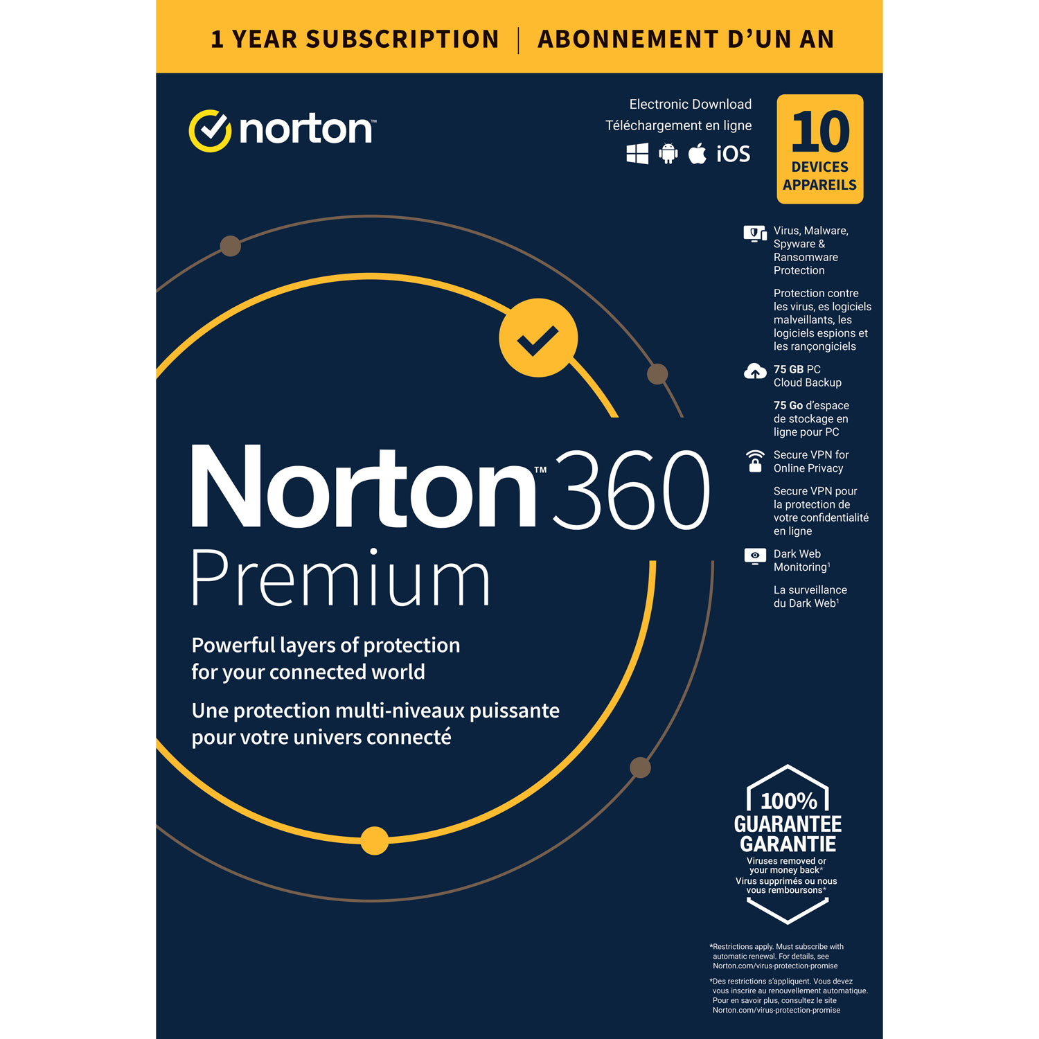 Norton 360 Premium (PC/Mac) - 10 Devices - 75GB Cloud Backup - 1-Year Subscription