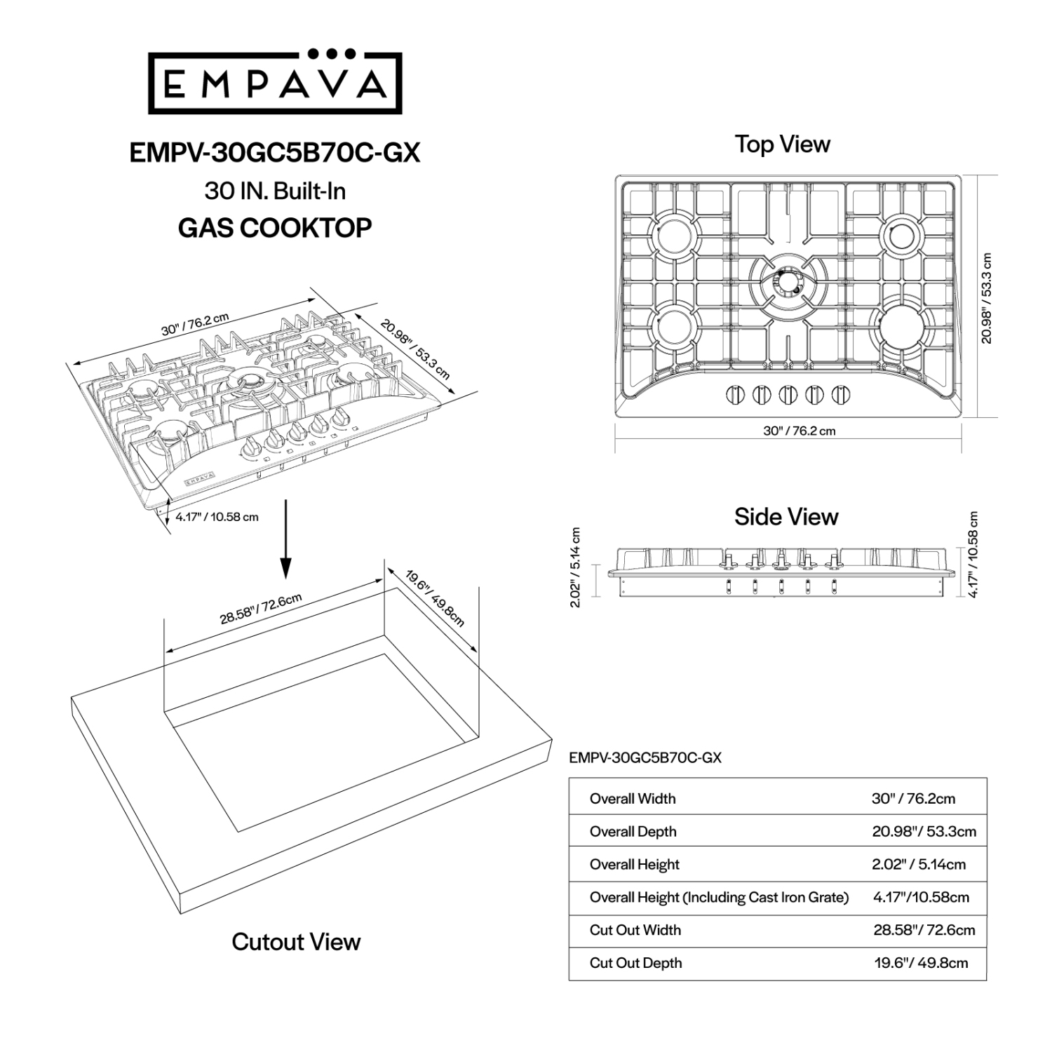 Surface de cuisson au gaz de 30 po à 5 brûleurs d’Emava - acier inoxydable