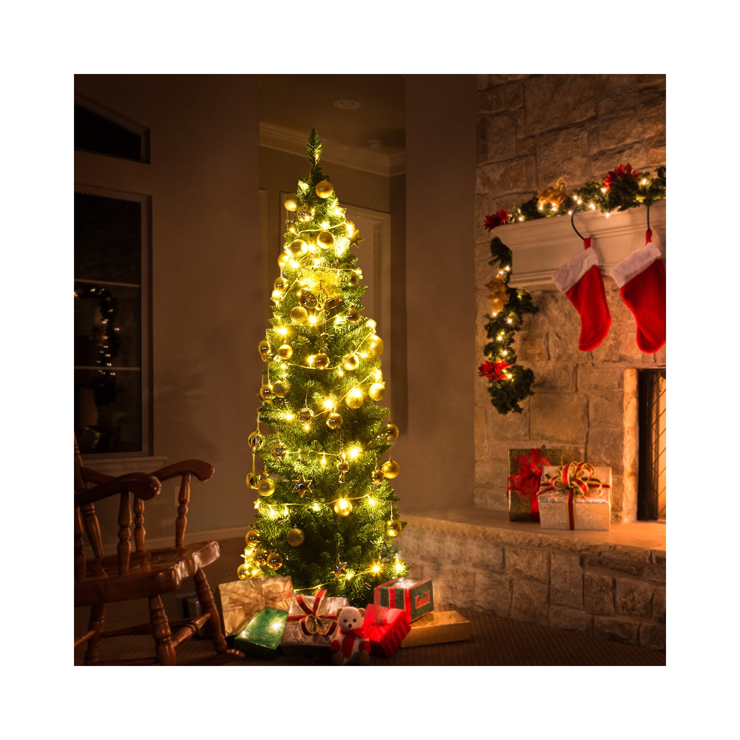 Costway 6Ft PVC Artificial Pencil Christmas Tree Slim w/ Stand Home Holiday Decor Green