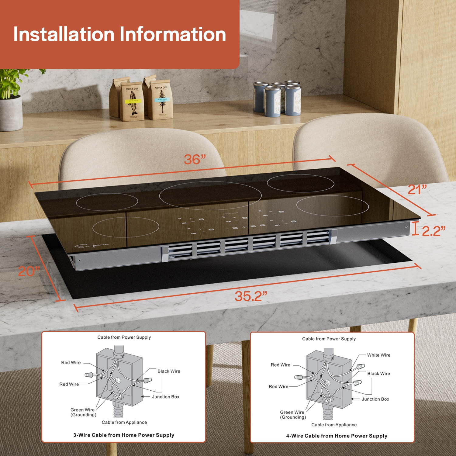 Surface de cuisson électrique à induction de 36 po à 5 brûleurs d’Emporva - Noir