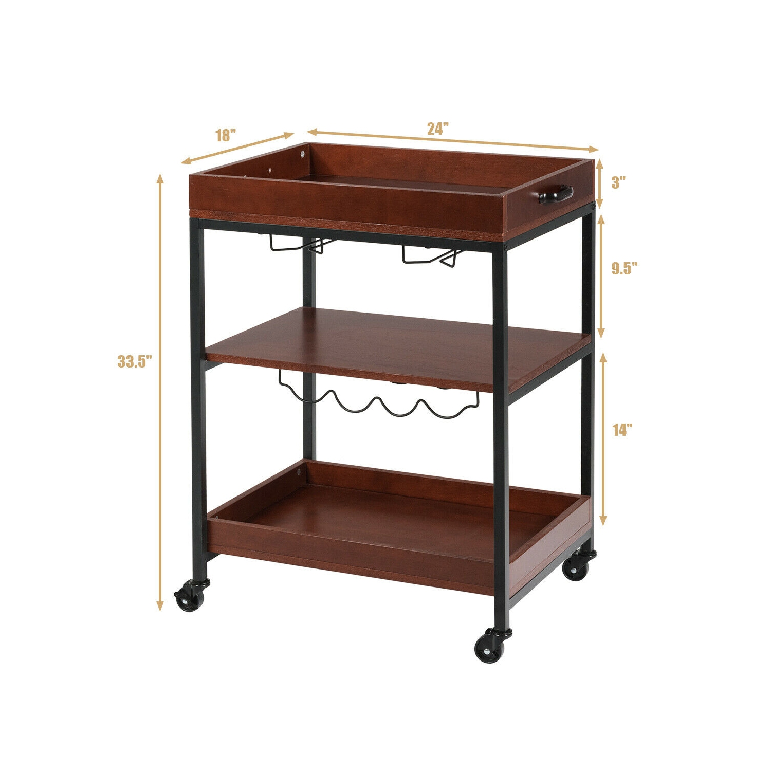 Gymax 3 Tier Trolley Cart Kitchen Island Serving Bar Cart w/ Glass Holder & Wine Rack
