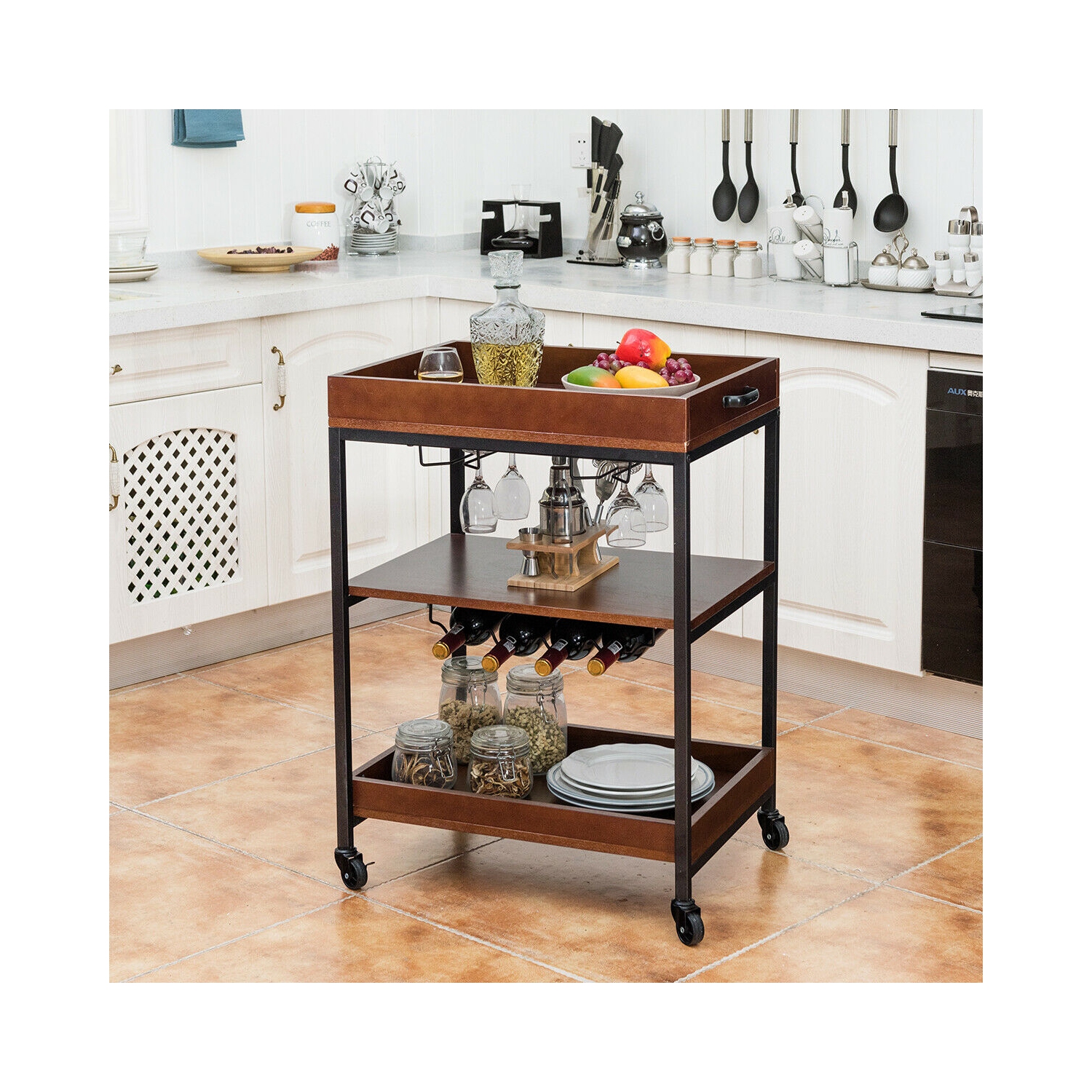 Gymax 3 Tier Trolley Cart Kitchen Island Serving Bar Cart w/ Glass Holder & Wine Rack