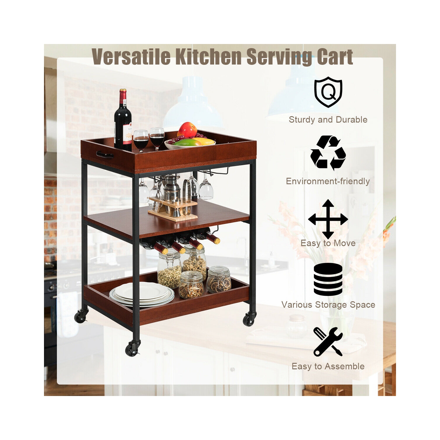 Gymax 3 Tier Trolley Cart Kitchen Island Serving Bar Cart w/ Glass Holder & Wine Rack