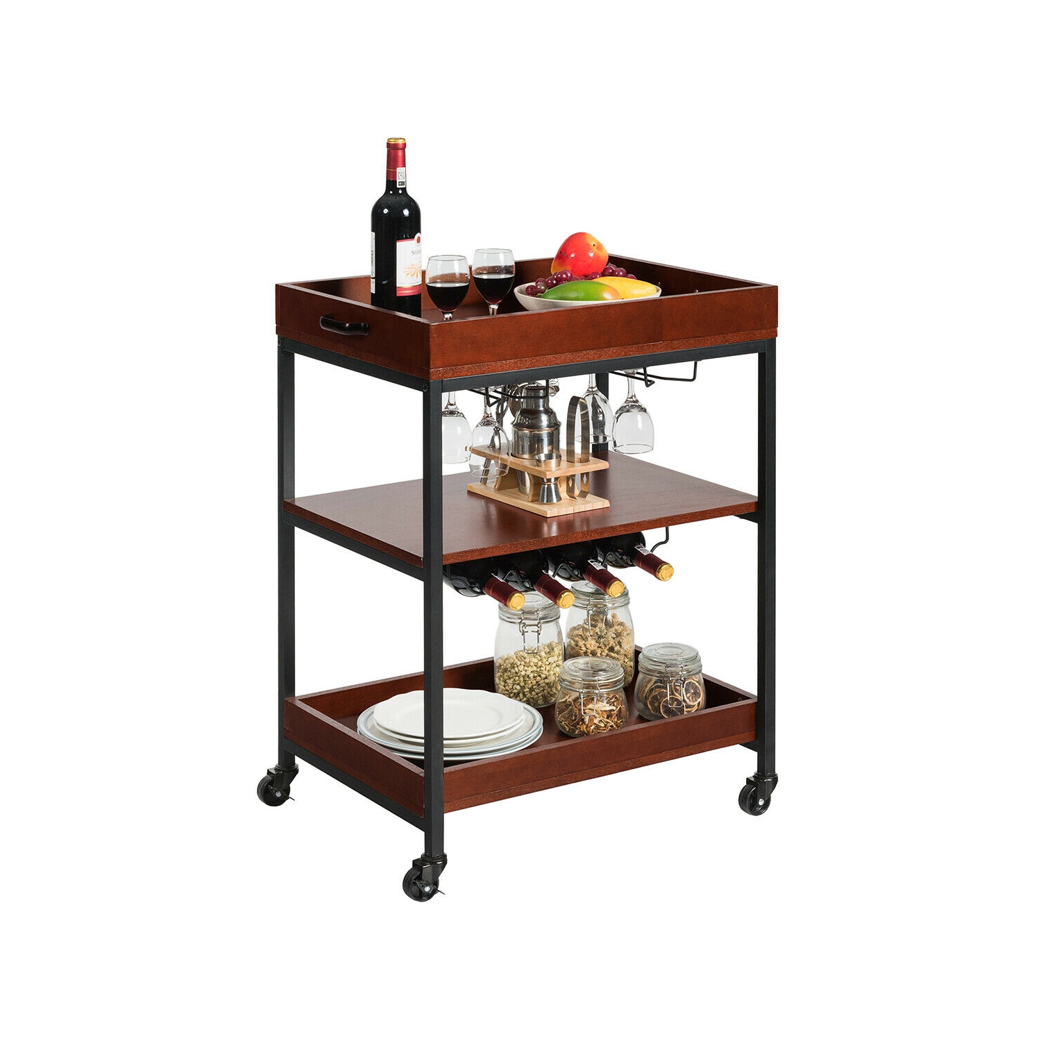 Gymax 3 Tier Trolley Cart Kitchen Island Serving Bar Cart w/ Glass Holder & Wine Rack