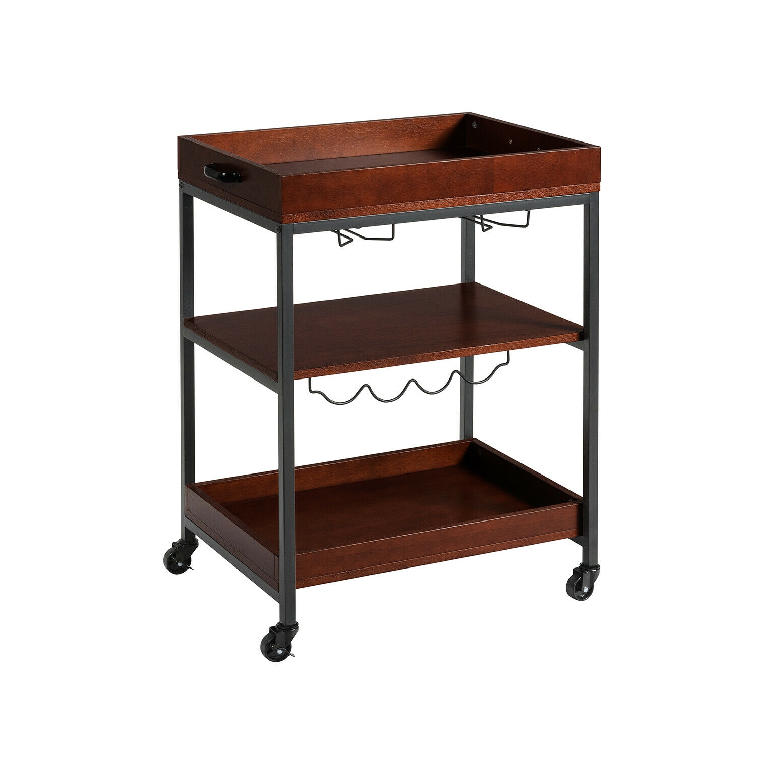 Gymax 3 Tier Trolley Cart Kitchen Island Serving Bar Cart w/ Glass Holder & Wine Rack