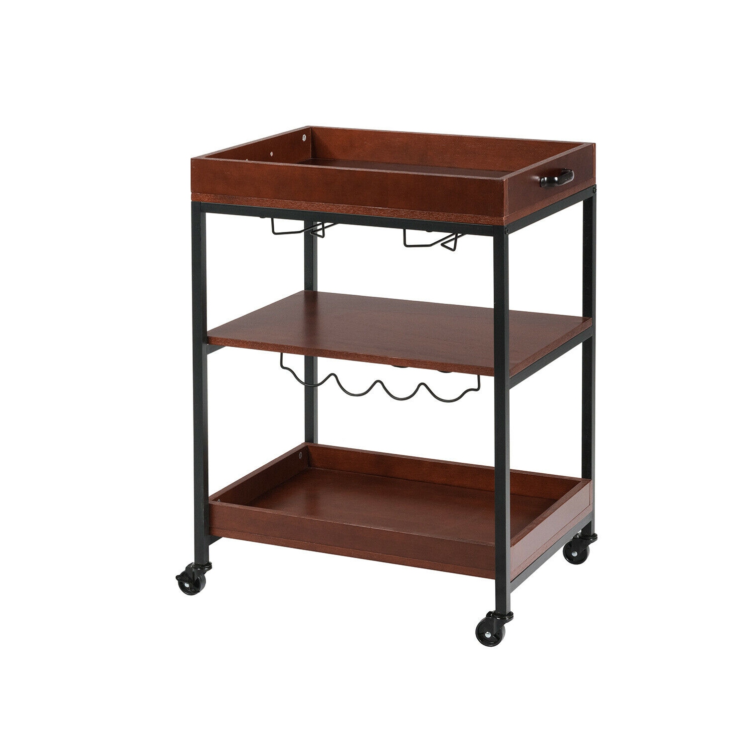 Gymax 3 Tier Trolley Cart Kitchen Island Serving Bar Cart w/ Glass Holder & Wine Rack