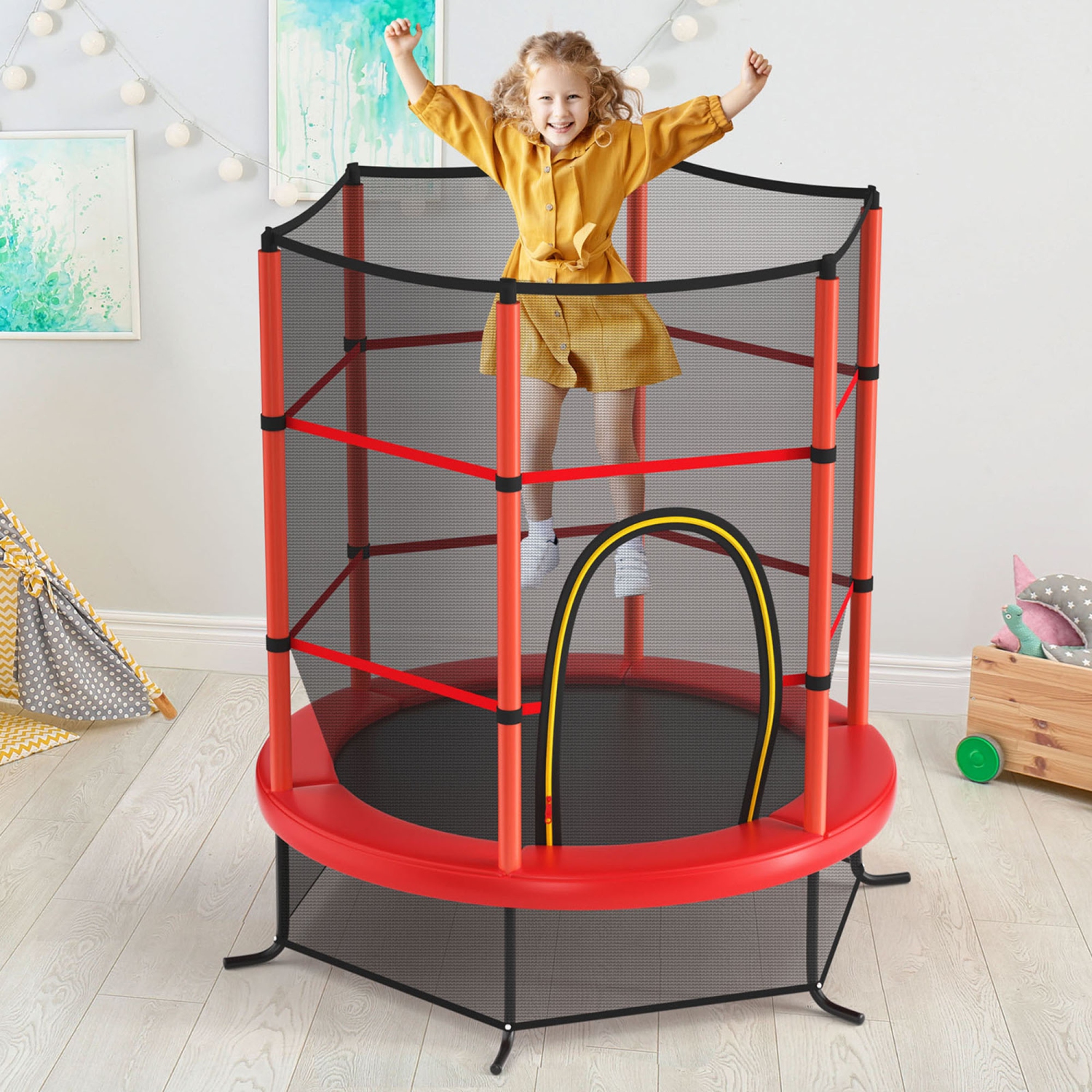 Gymax 55'' Trampoline for Kids Toddler Recreational Trampoline w/ Safety Enclosure Net Red