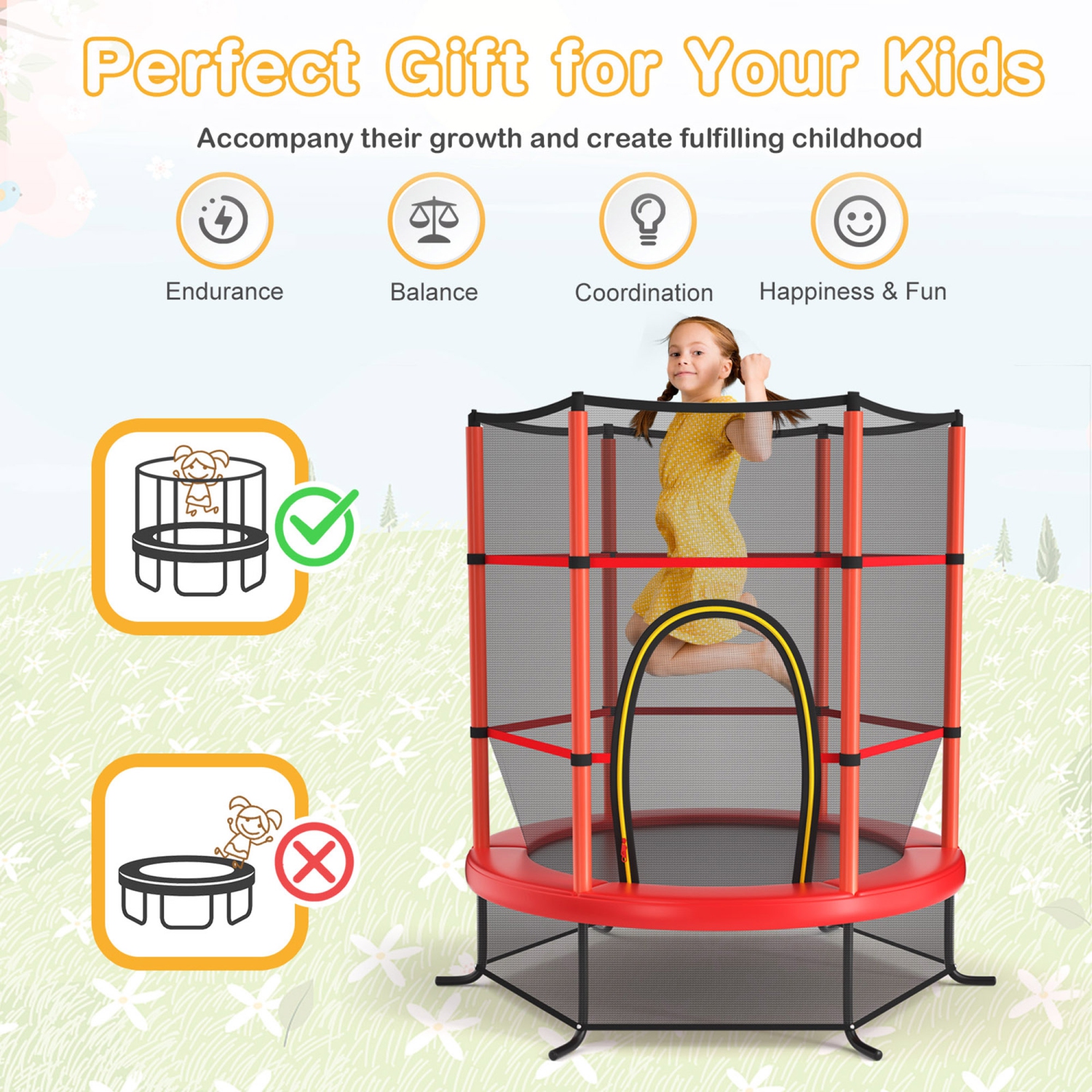 Gymax 55'' Trampoline for Kids Toddler Recreational Trampoline w/ Safety Enclosure Net Red