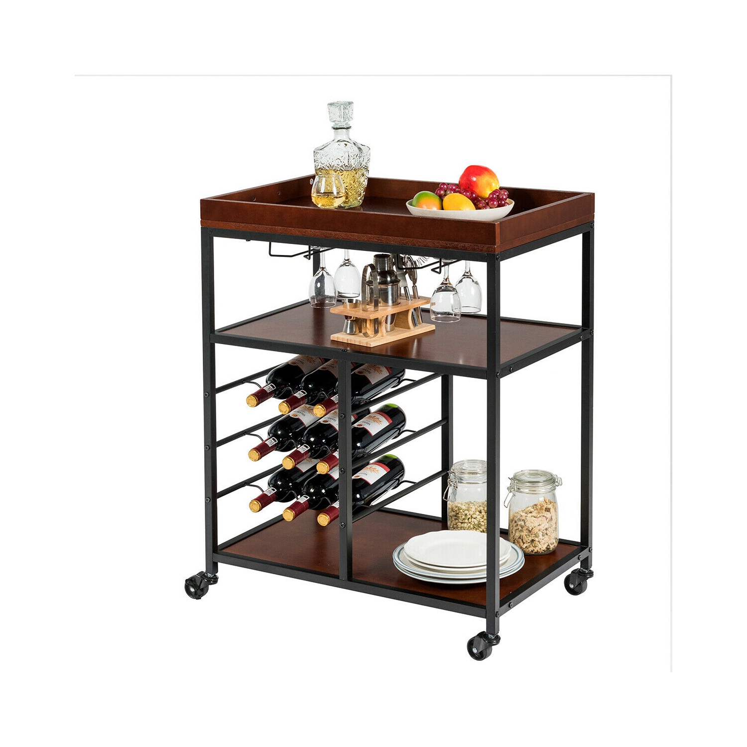 Gymax 3 Tier Storage Kitchen Trolley Utility Bar Serving Cart w/Wine Rack & Glass Holder