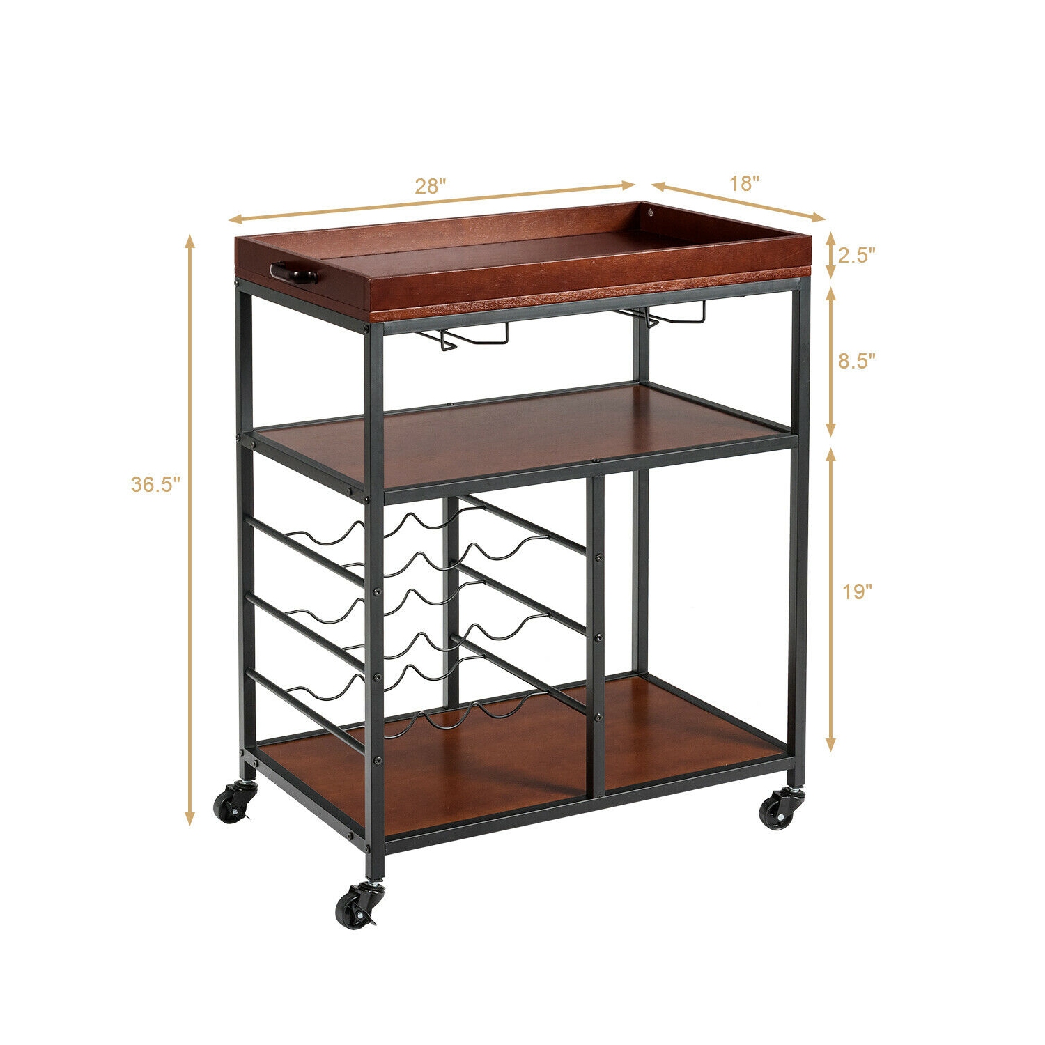 Gymax 3 Tier Storage Kitchen Trolley Utility Bar Serving Cart w/Wine Rack & Glass Holder