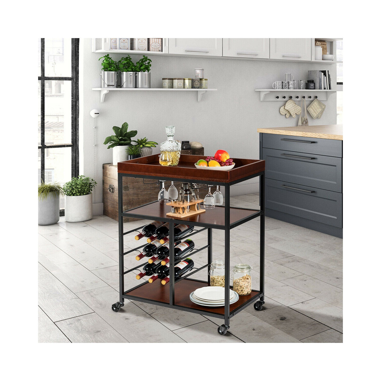 Gymax 3 Tier Storage Kitchen Trolley Utility Bar Serving Cart w/Wine Rack & Glass Holder