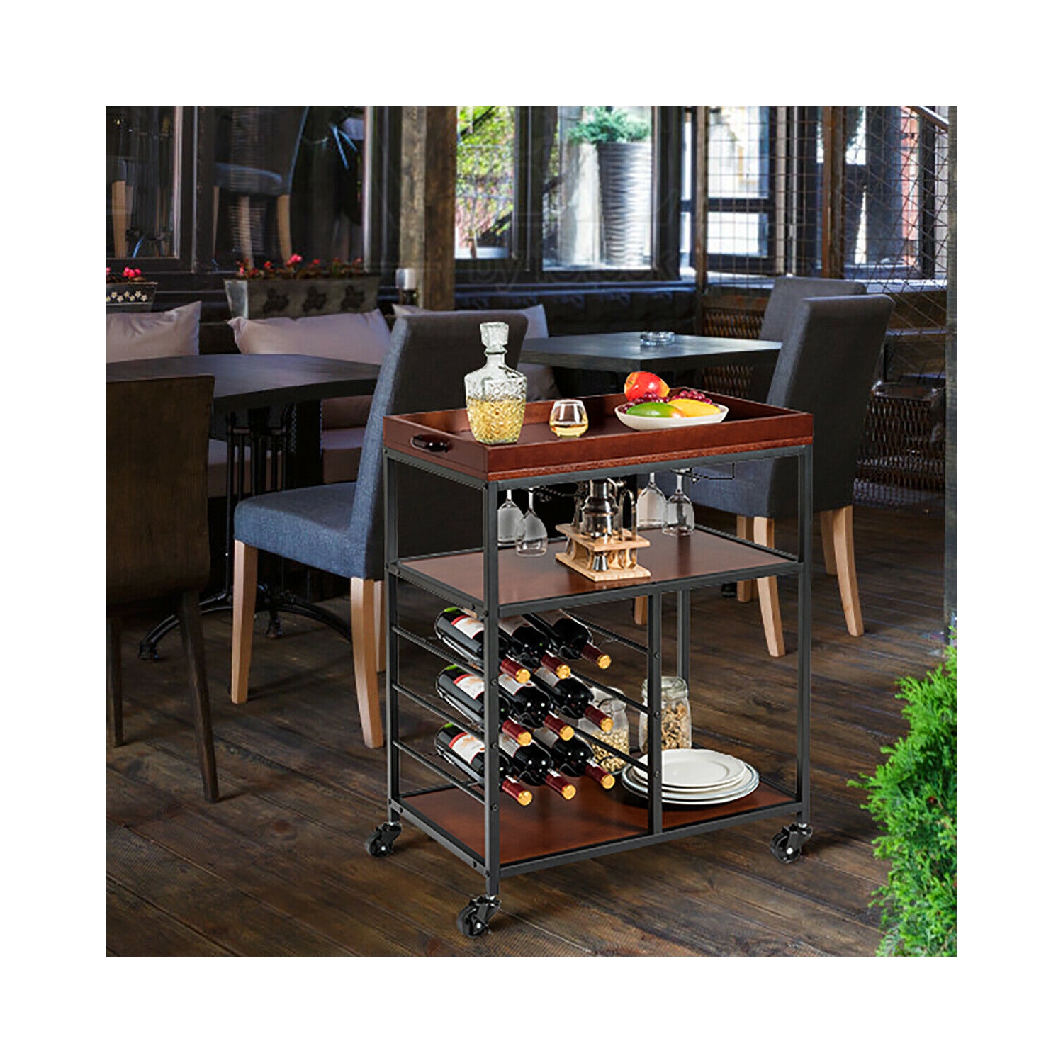 Gymax 3 Tier Storage Kitchen Trolley Utility Bar Serving Cart w/Wine Rack & Glass Holder