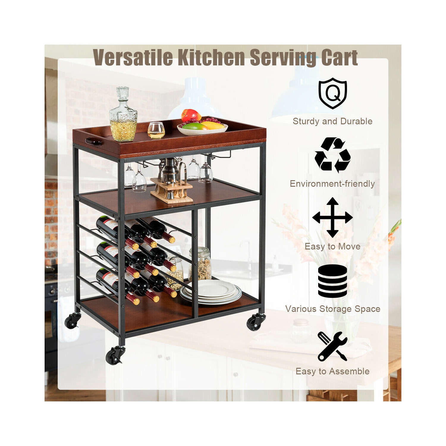 Gymax 3 Tier Storage Kitchen Trolley Utility Bar Serving Cart w/Wine Rack & Glass Holder