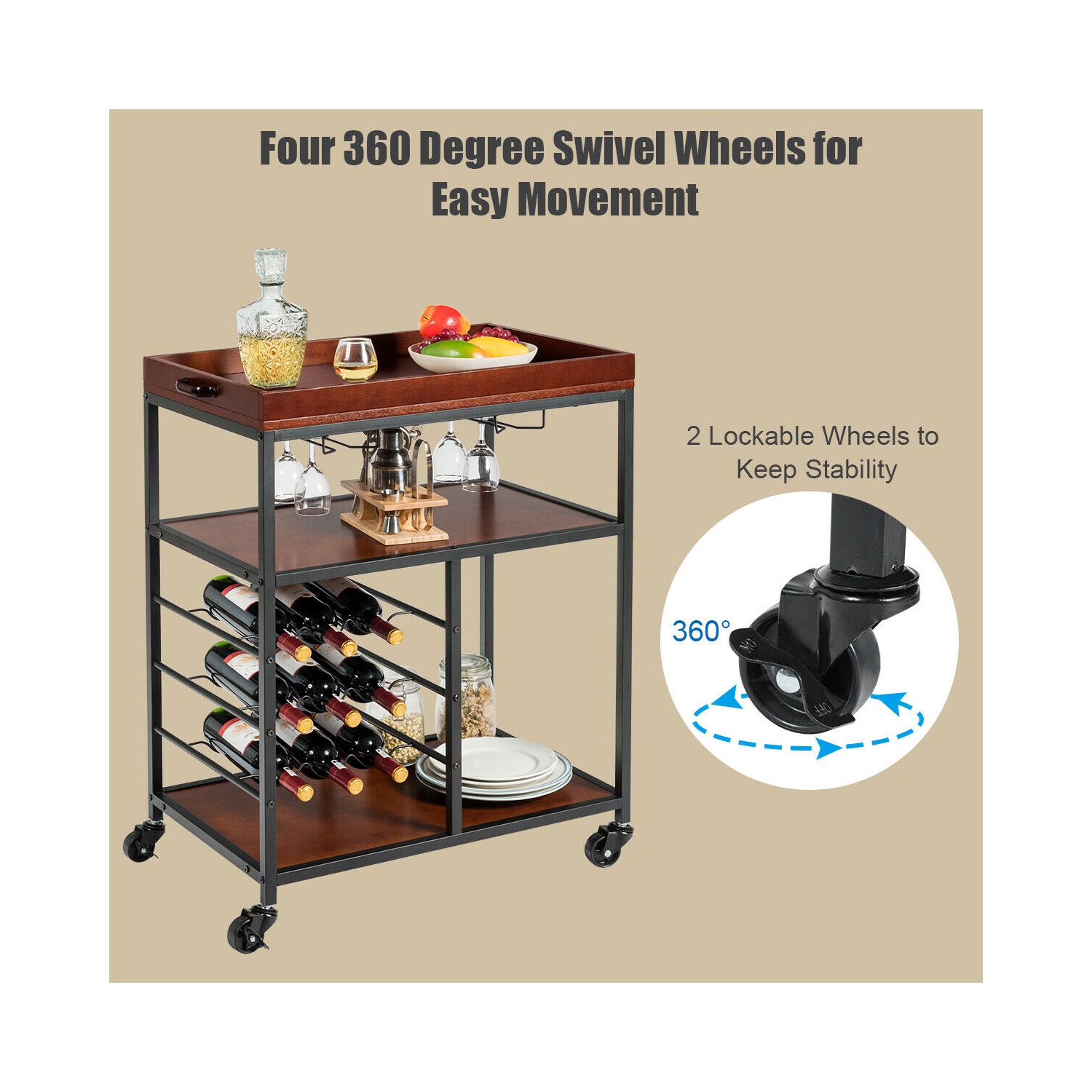 Gymax 3 Tier Storage Kitchen Trolley Utility Bar Serving Cart w/Wine Rack & Glass Holder