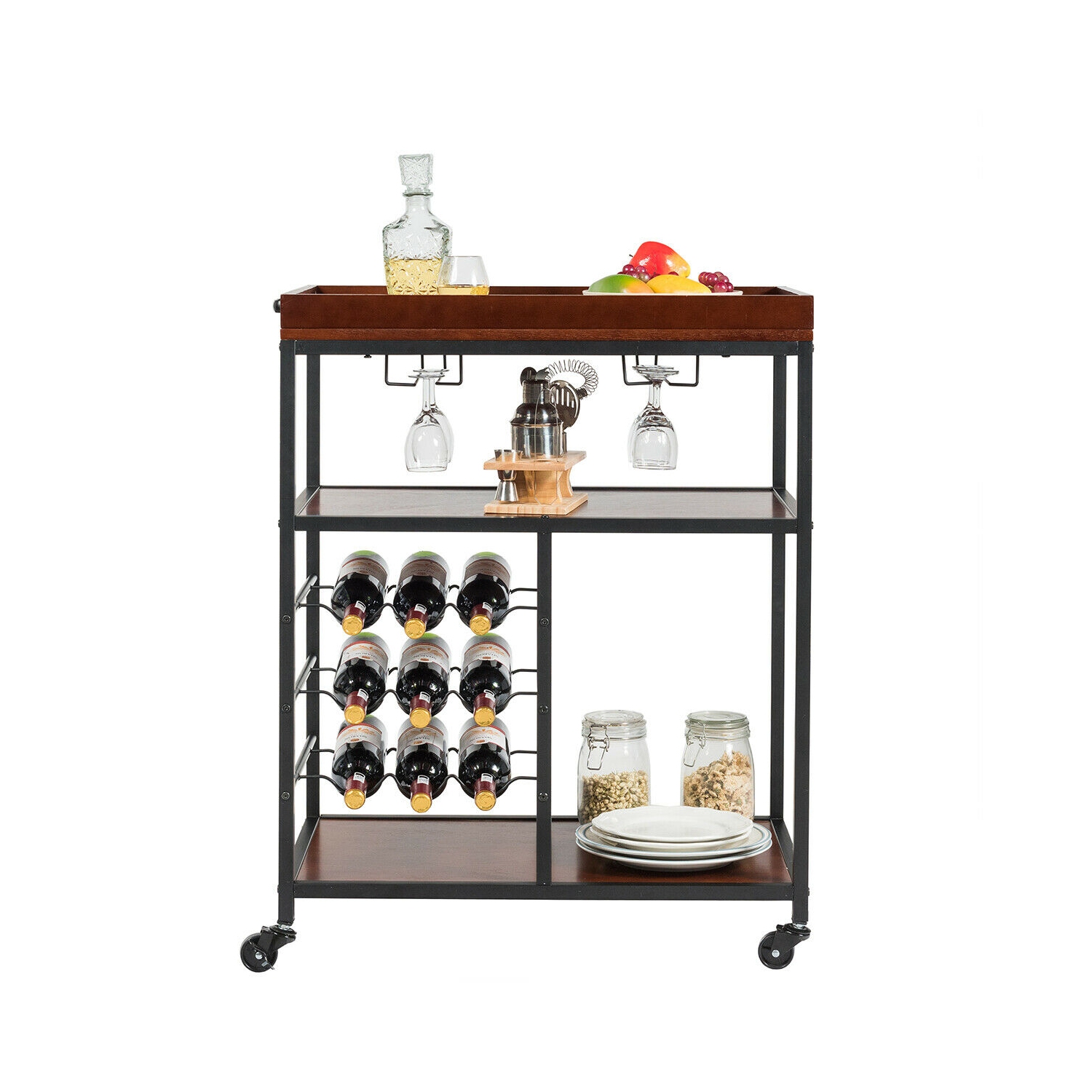 Gymax 3 Tier Storage Kitchen Trolley Utility Bar Serving Cart w/Wine Rack & Glass Holder