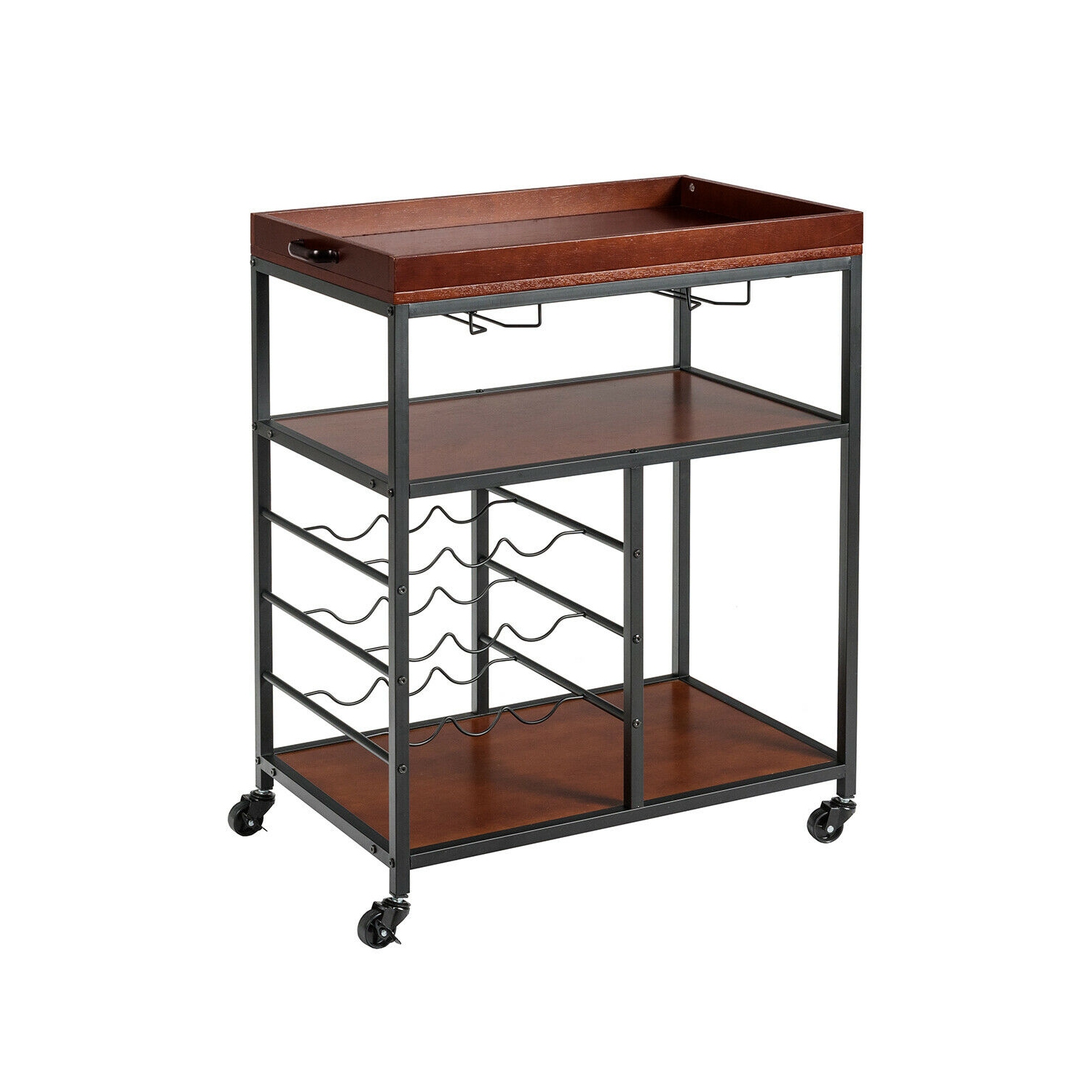 Gymax 3 Tier Storage Kitchen Trolley Utility Bar Serving Cart w/Wine Rack & Glass Holder