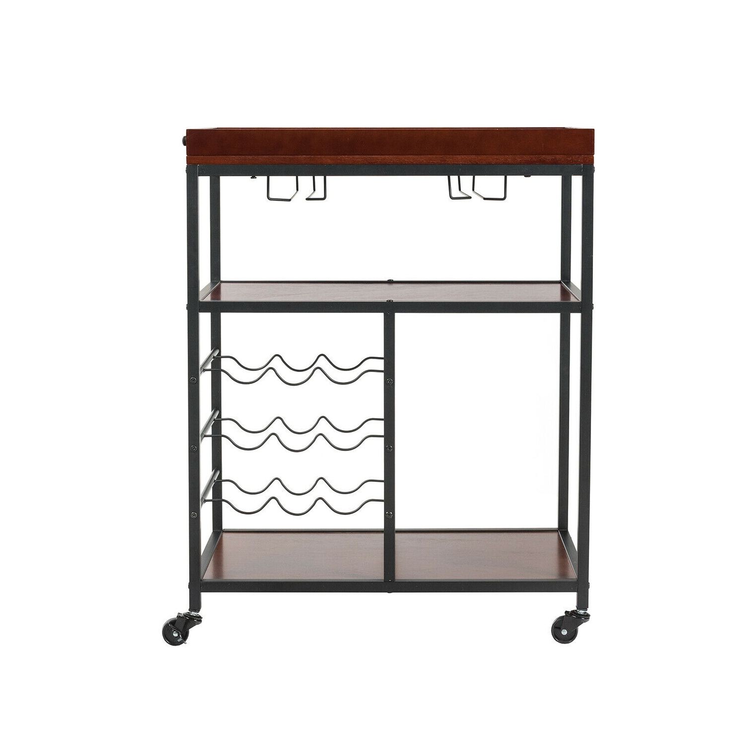 Gymax 3 Tier Storage Kitchen Trolley Utility Bar Serving Cart w/Wine Rack & Glass Holder