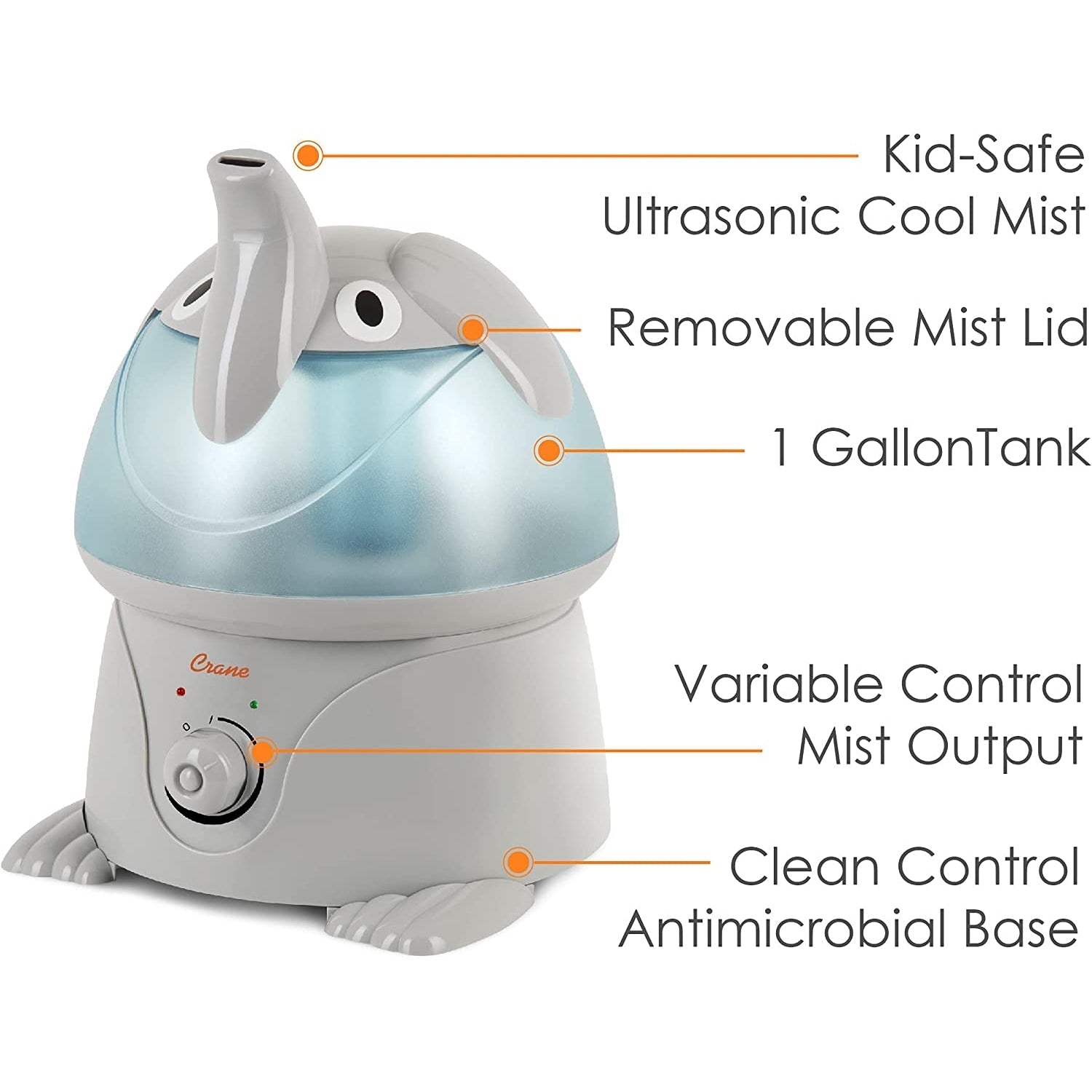 Crane - Humidificateur d'air à Vapeur Froide pour Chambre d'enfant, Capacité de 1 Gallon, Éléphant