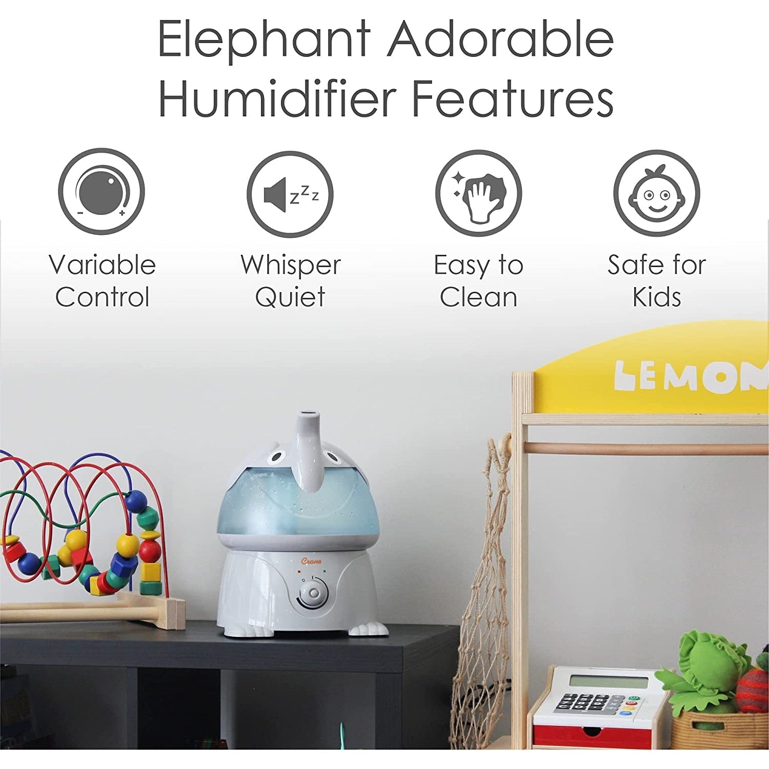 Crane - Humidificateur d'air à Vapeur Froide pour Chambre d'enfant, Capacité de 1 Gallon, Éléphant