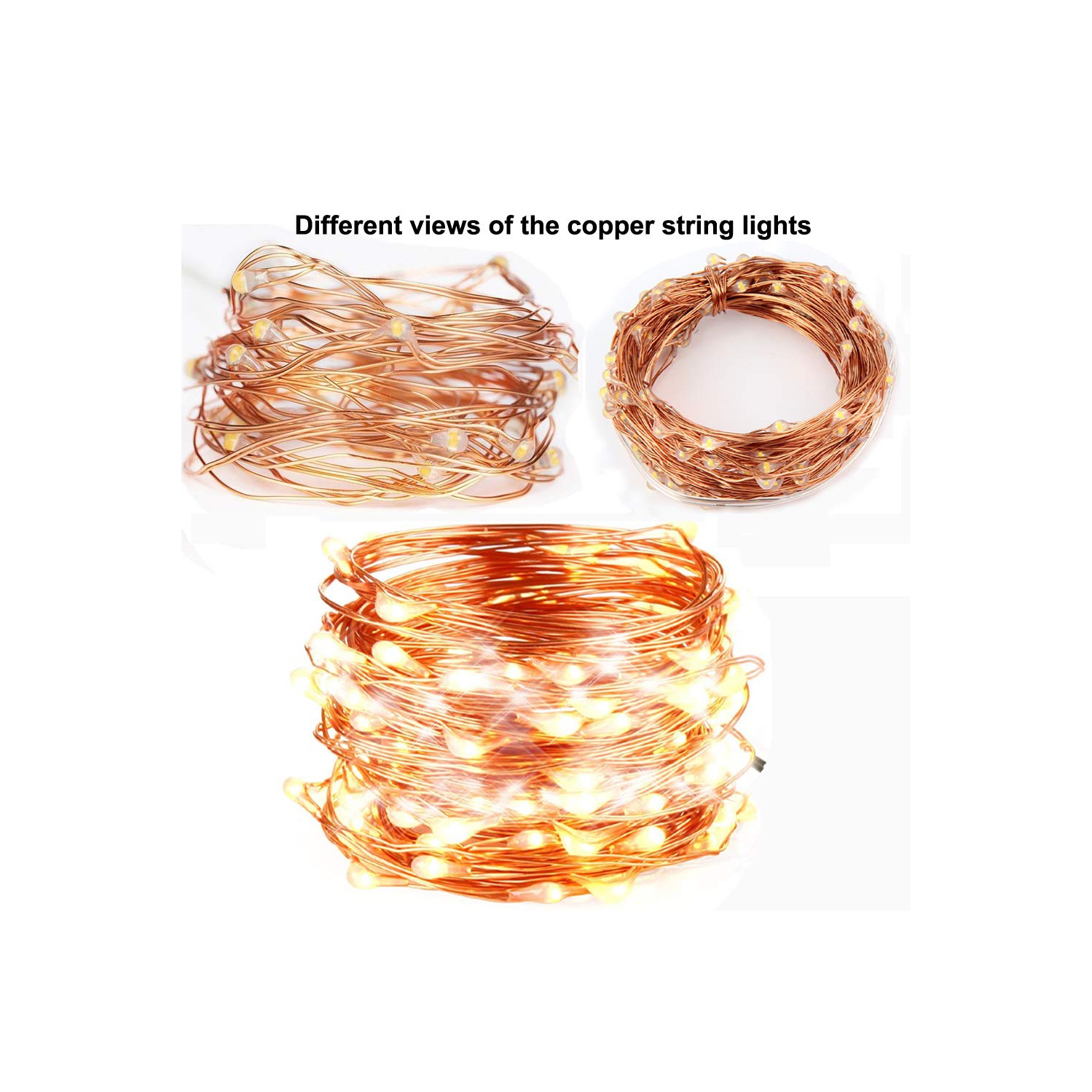 Guirlande de lumières en fil de cuivre à 100 DEL de 33 pi avec adaptateur d’alimentation pour décorations intérieures extérieures, certification UL,