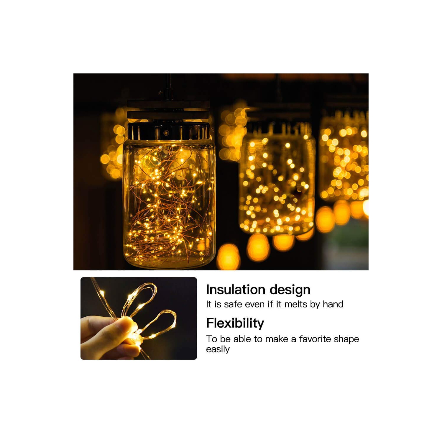 Guirlande de lumières en fil de cuivre à 100 DEL de 33 pi avec adaptateur d’alimentation pour décorations intérieures extérieures, certification UL,