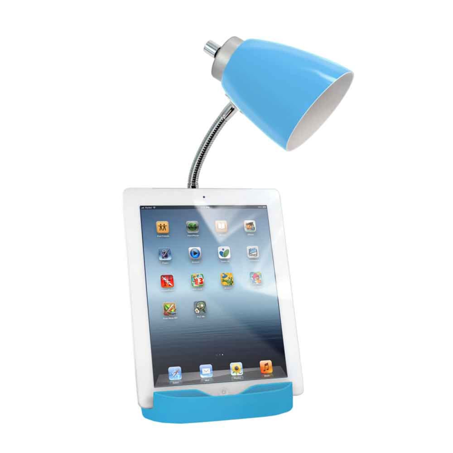 Lampe de bureau décorative à col de cygne pour intérieur moderne avec support de livre pour tablette iPad et port USB - Bleu