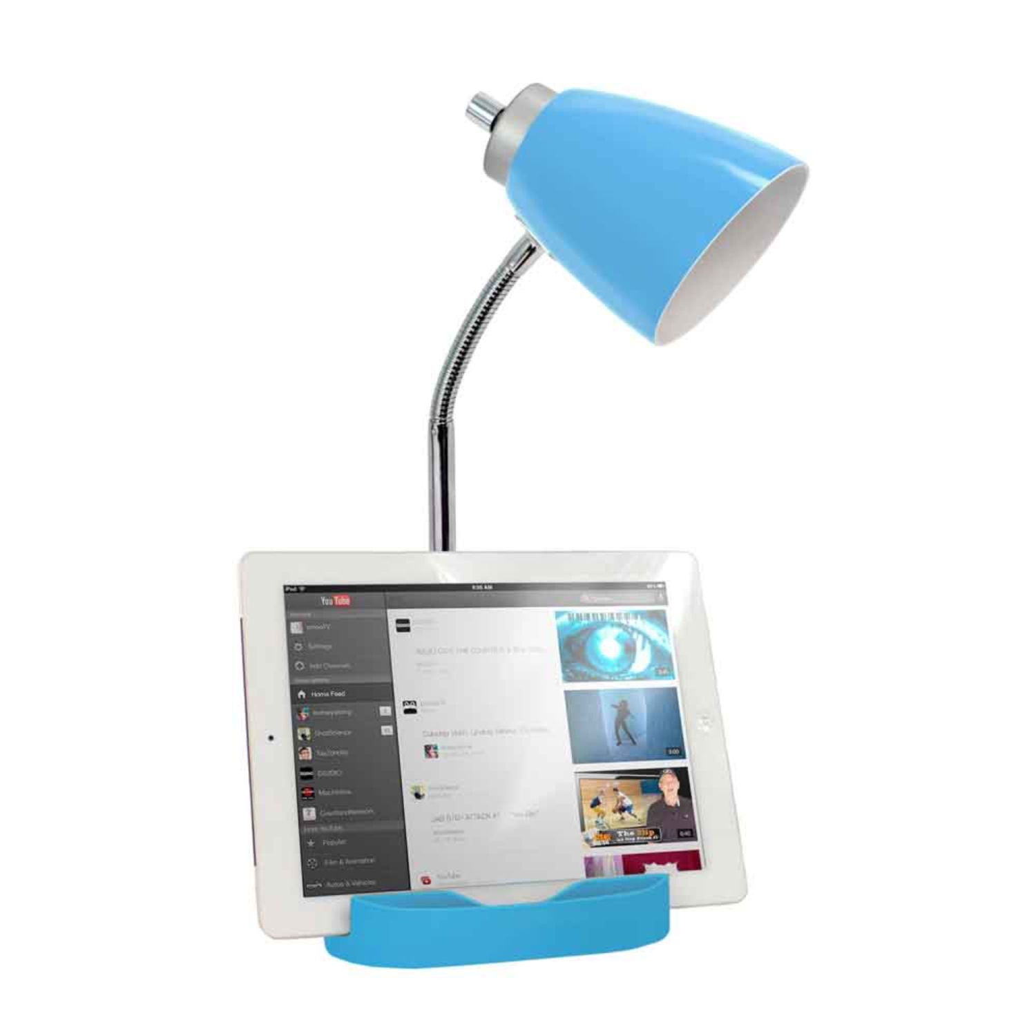 Lampe de bureau décorative à col de cygne pour intérieur moderne avec support de livre pour tablette iPad et port USB - Bleu