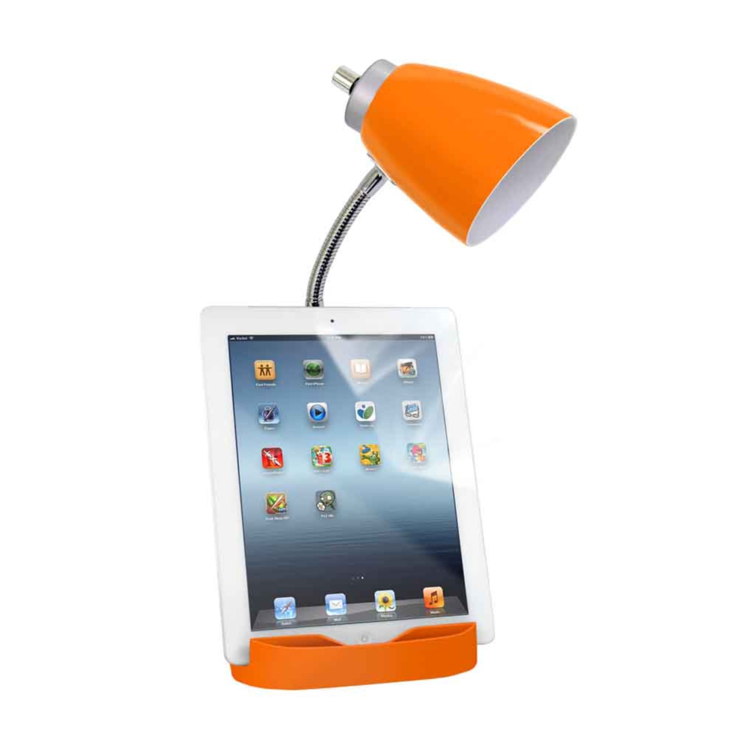 Gooseneck Organizer Desk Lamp with iPad Tablet Stand Book Holder and Charging Outlet, Orange