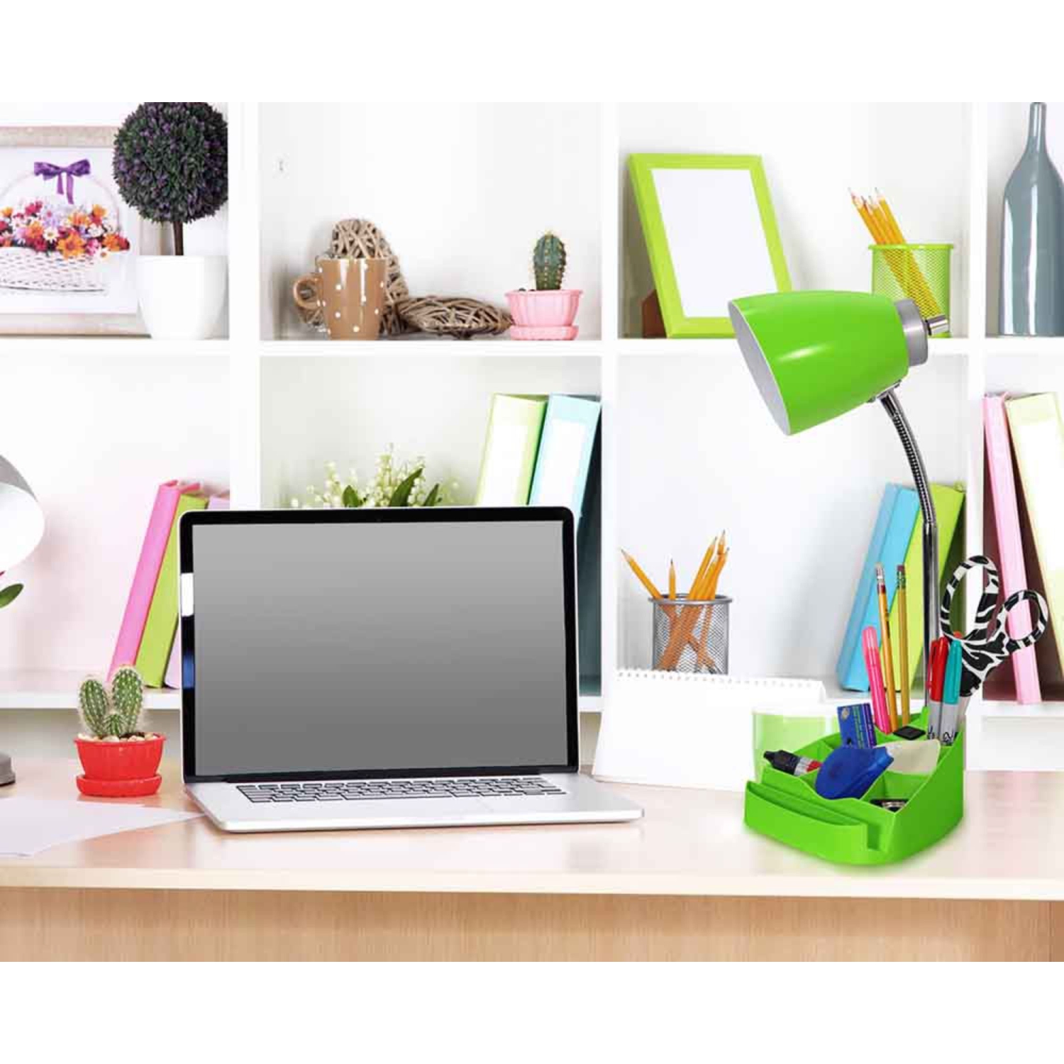 Gooseneck Organizer Desk Lamp with iPad Tablet Stand Book Holder and Charging Outlet - Green