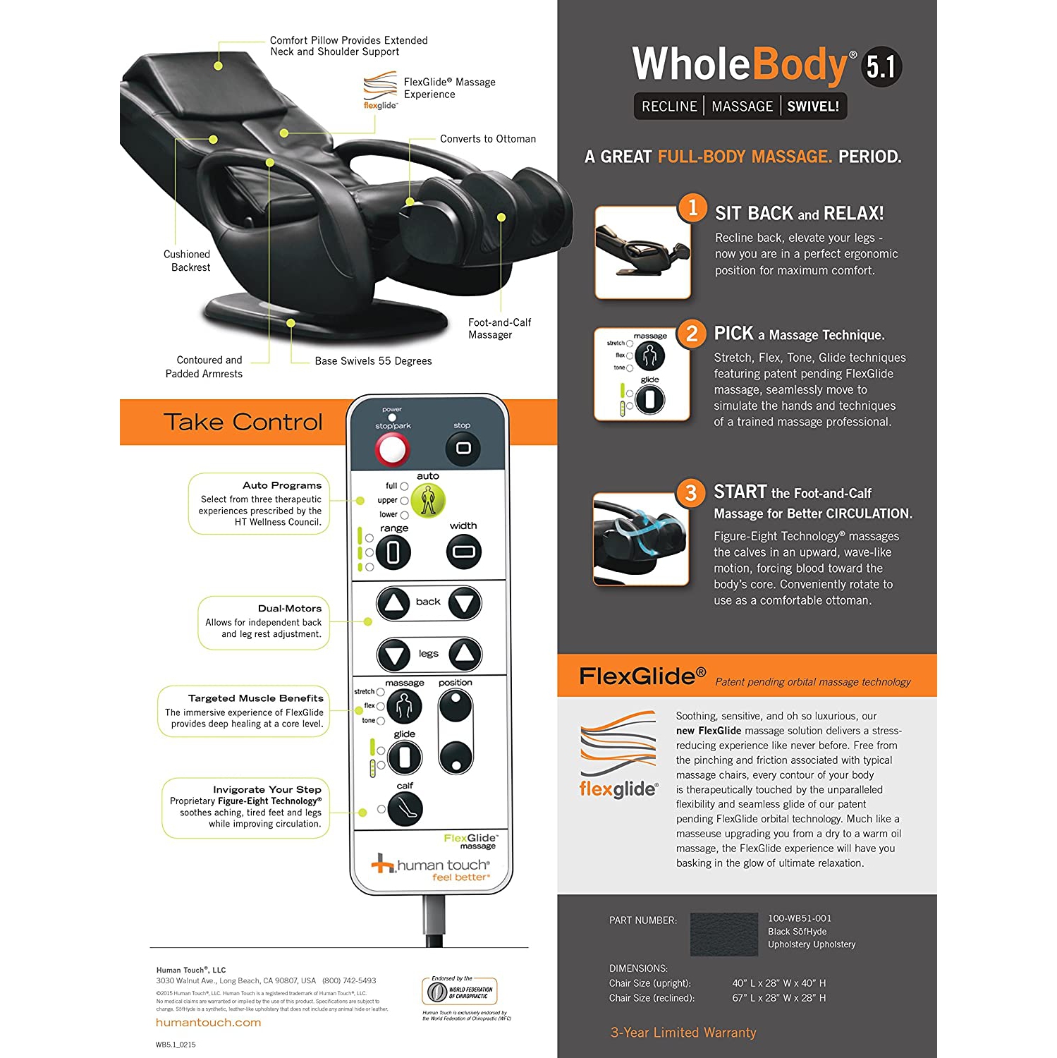 Fauteuil massage intégral pivotement/inclinaison 5.1 po de Human Touch-taille moyenne-Noir