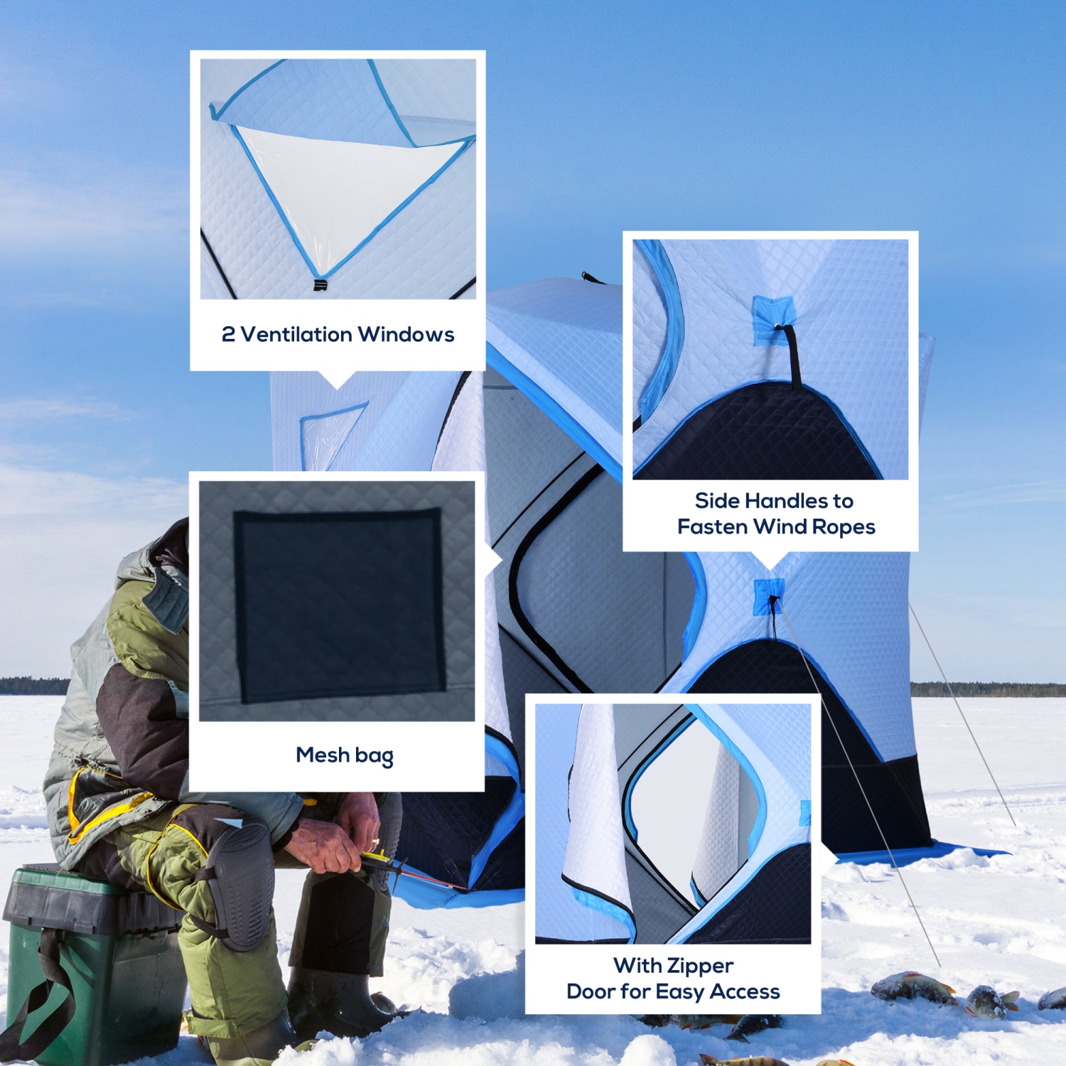 Outsunny 4-Person Pop-up Ice Fishing Tent, Insulated Ice Fishing Shelter with Ventilation Windows, Double Doors and Carry Bag, for Low-Temp -22℉