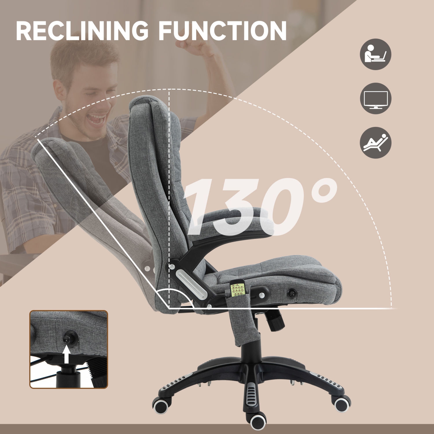 Vinsetto Massage Office Chair with with 6-Point Vibration, Linen Reclining Executive Office Chair with High Back, Swivel Wheels, Grey