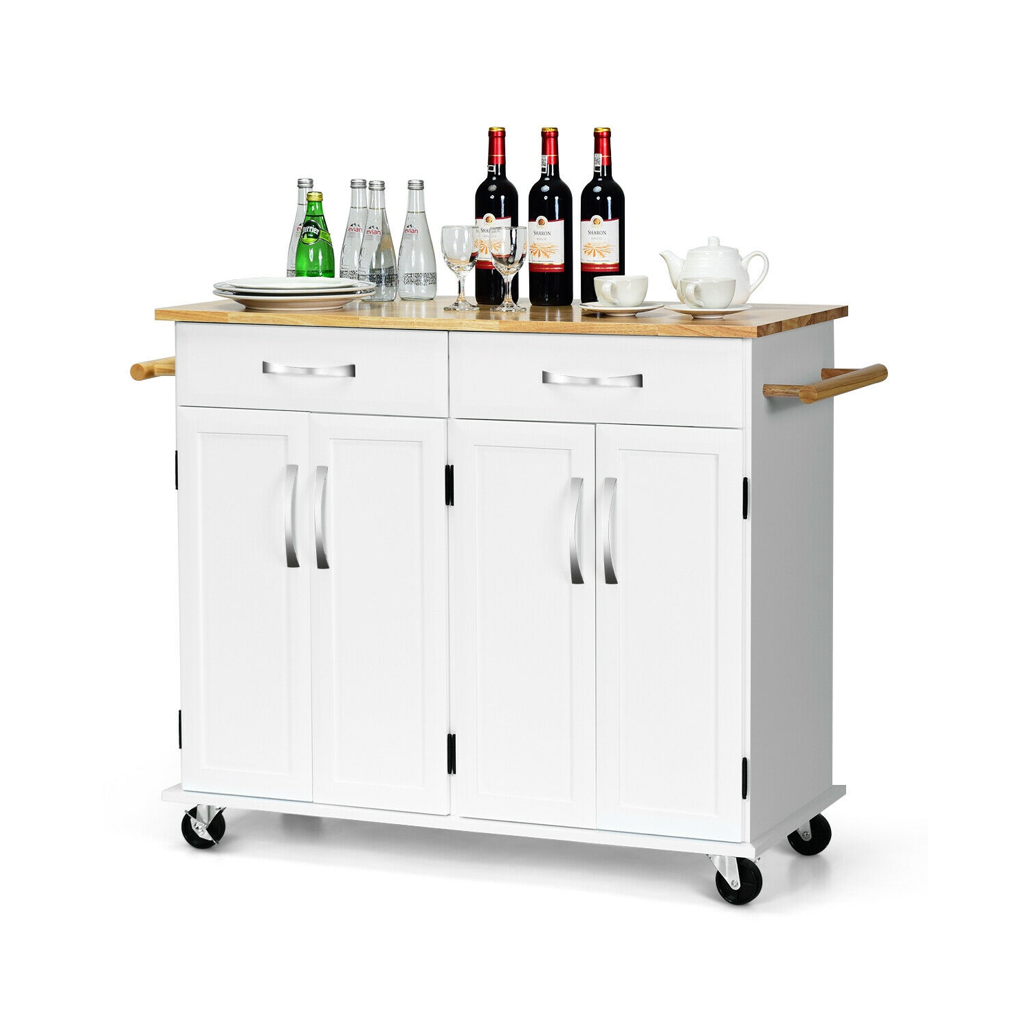 Costway Kitchen Trolley Island Utility Cart Wood Top Rolling Storage Cabinet Drawers