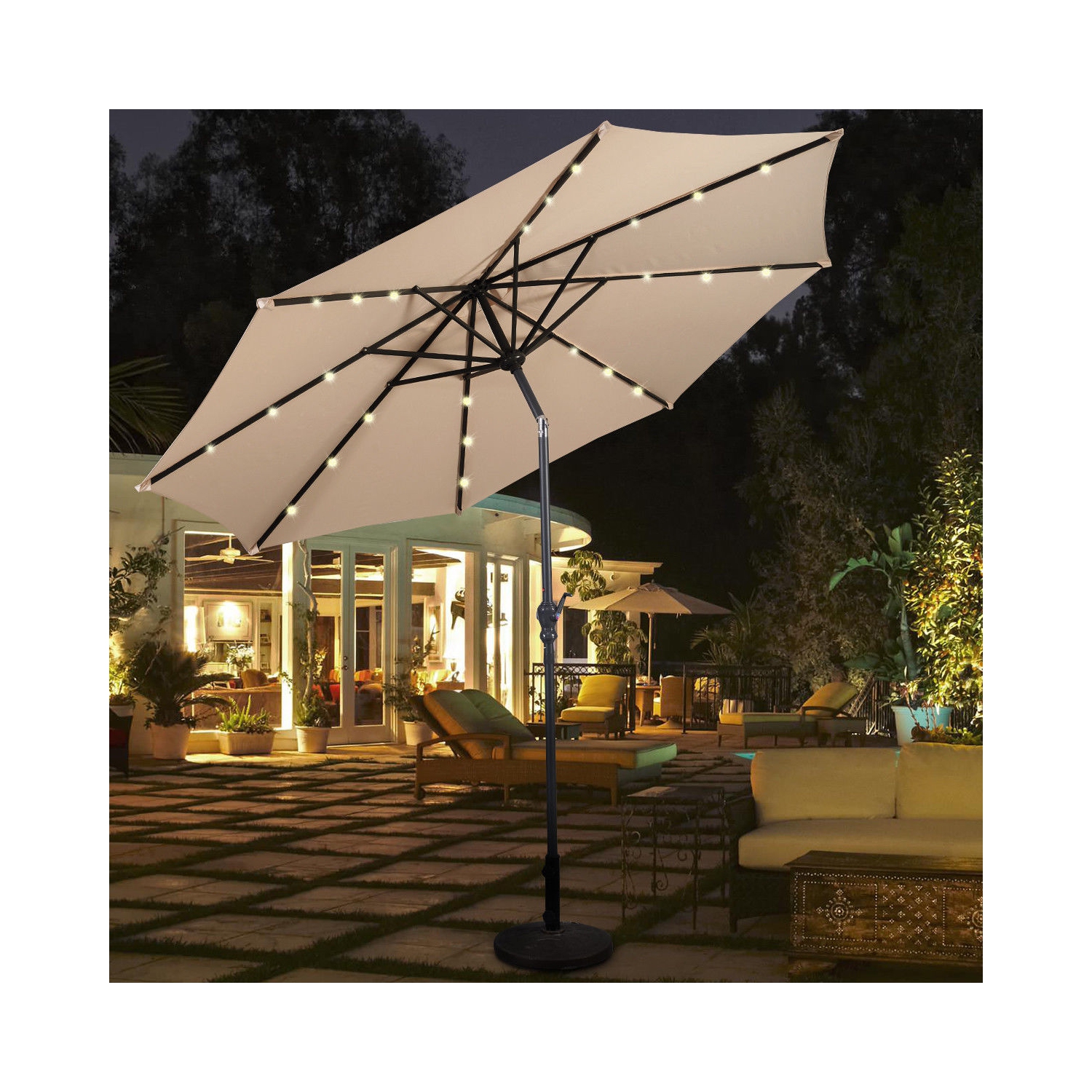 10ft Patio Solar Umbrella LED Patio Market Steel Tilt w/ Crank Outdoor