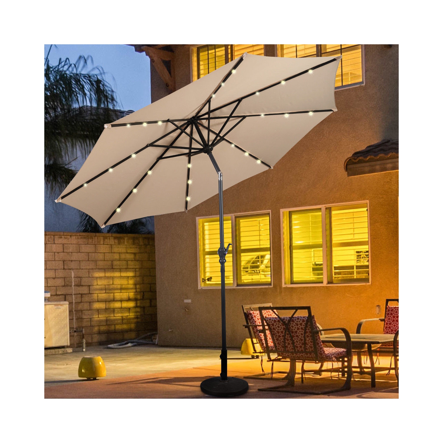 10ft Patio Solar Umbrella LED Patio Market Steel Tilt w/ Crank Outdoor