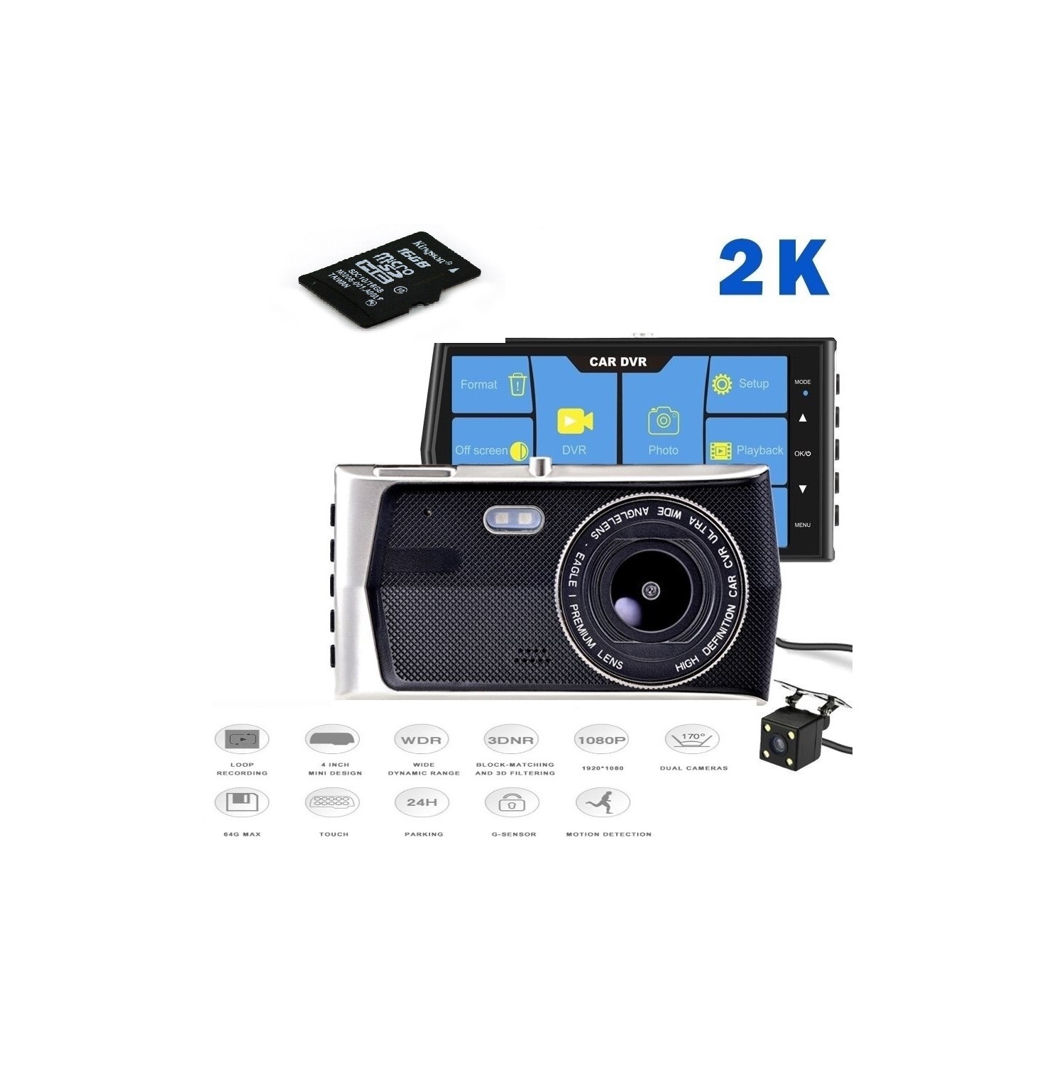 NEW 2026 2K Dash Cam 4" IPS Caméra de voiture double objectif à écran tactile 1080P FHD Caméra d'enregistrement et de sauvegarde vidéo, 170 Degré Angle, G-capteur, moniteur de stationnement, record de boucle & 8GB SD CARD