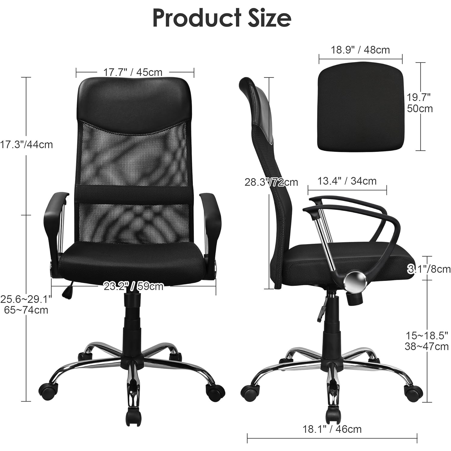 Adjustable Mesh Task Chair, High Back Office Chair Computer Desk Chair with 360-Degree Swivel and Armrests,Black