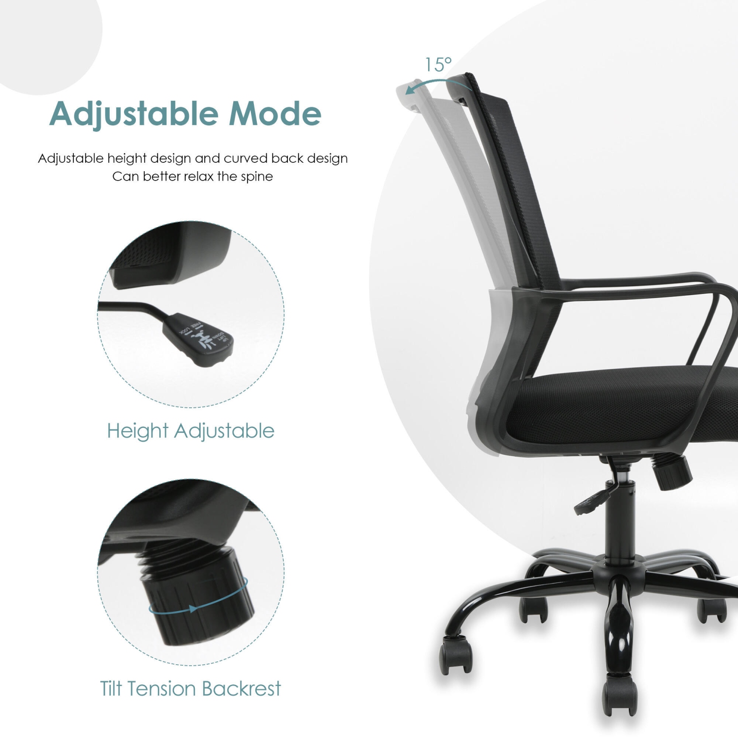 Adjustable Mesh Task Chair, High Back Office Chair Computer Desk Chair with 360-Degree Swivel and Armrests,Black