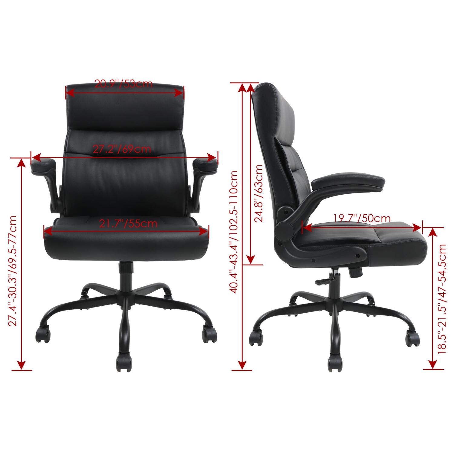 Fauteuil de bureau en cuir reconstitué, fauteuil de bureau ergonomique avec accoudoirs rabattables, noir