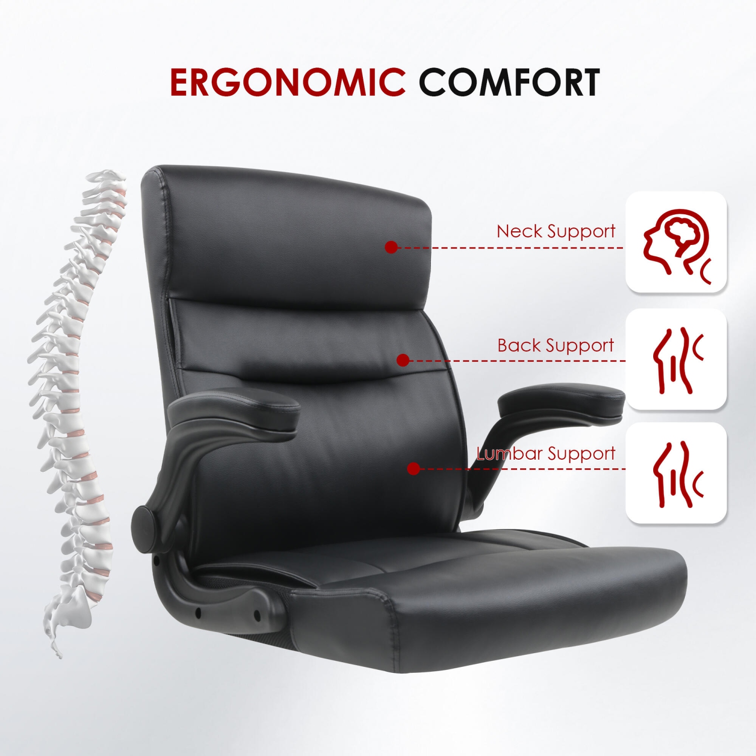 Fauteuil de bureau en cuir reconstitué, fauteuil de bureau ergonomique avec accoudoirs rabattables, noir