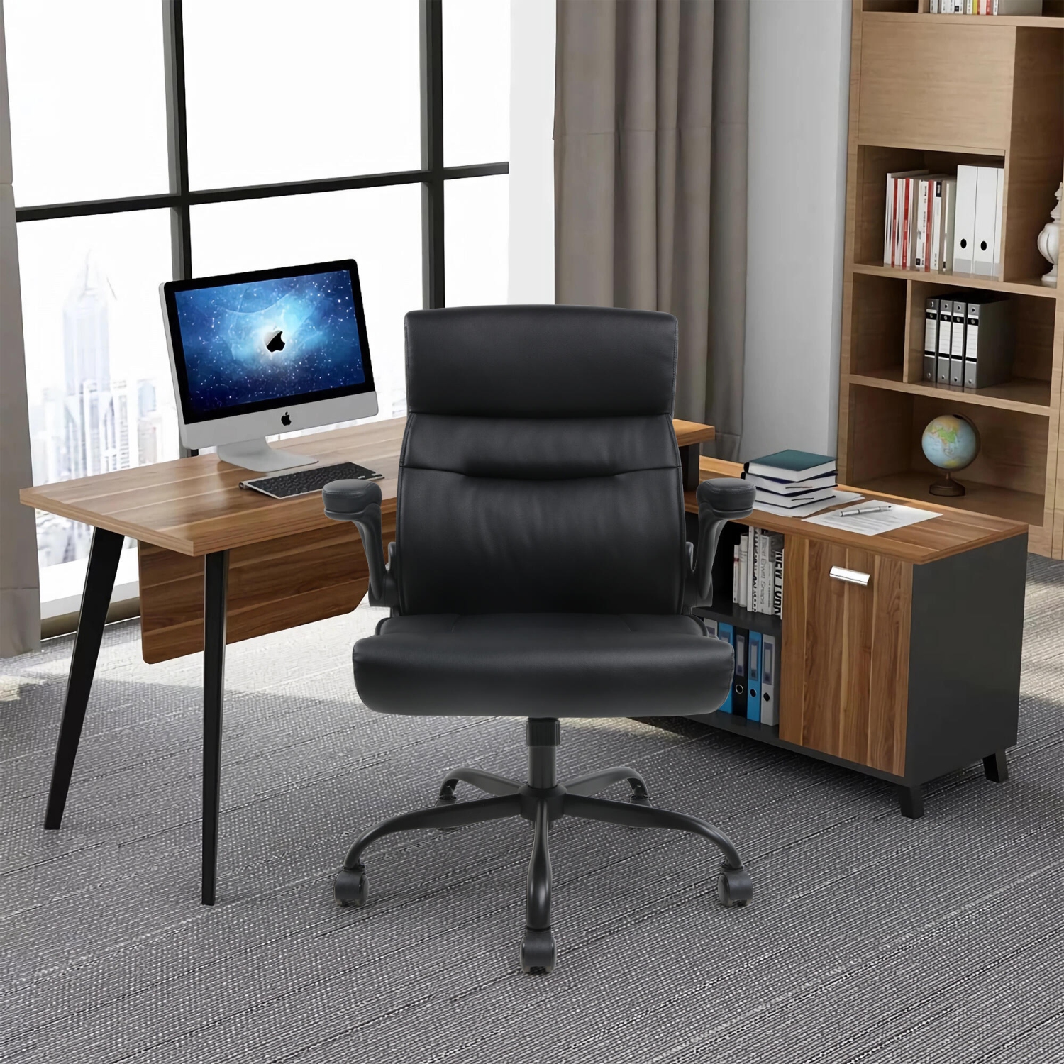 Fauteuil de bureau en cuir reconstitué, fauteuil de bureau ergonomique avec accoudoirs rabattables, noir