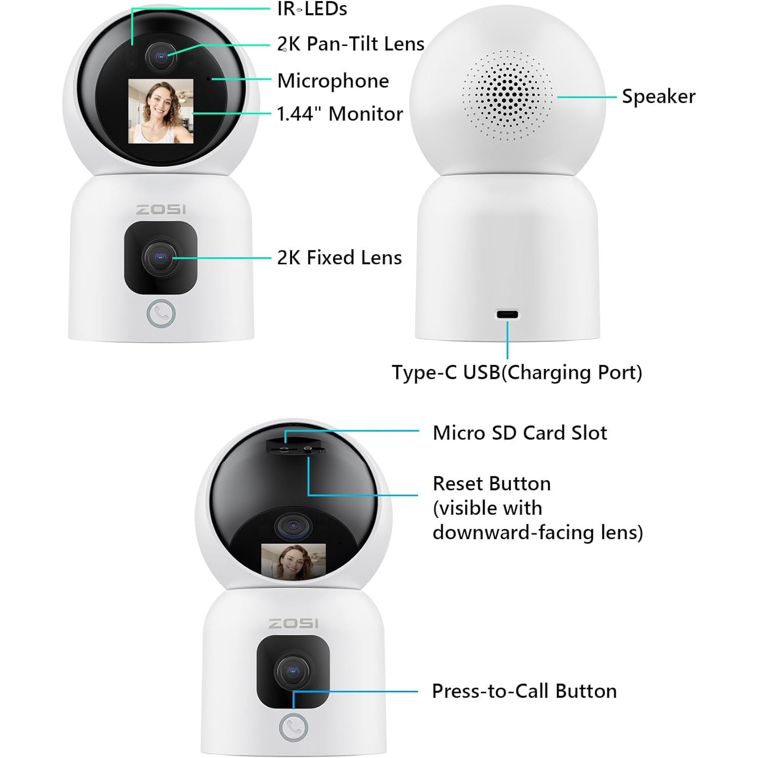 ZOSSI – caméra IP semi-sans fil de sécurité résidentielle 3MP Wi-Fi caméra de surveillance extérieure avec projecteur, audio à 2 voies, détection
