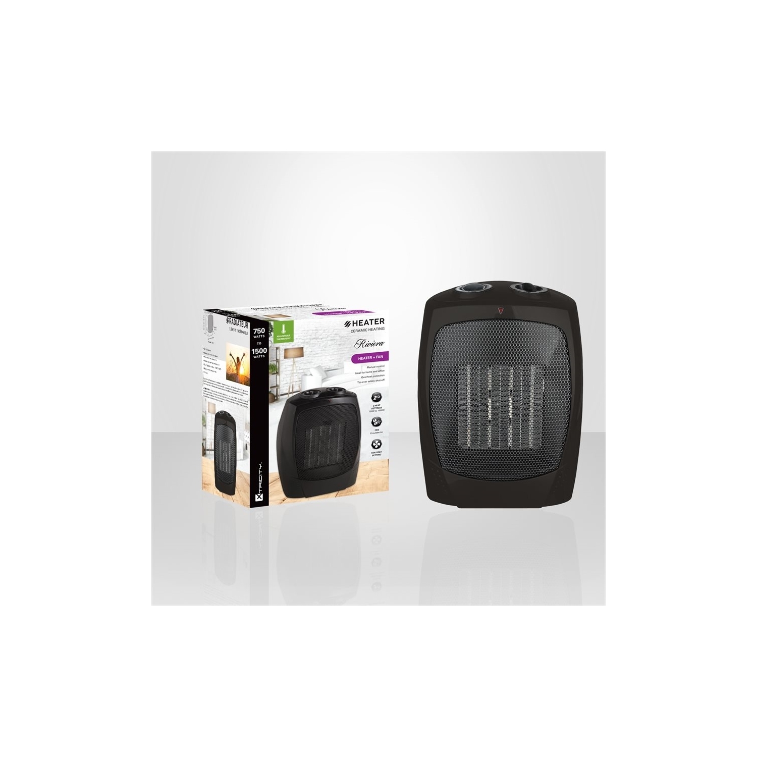 Xtricity 4-80309 Riviera Radiateur + Ventilateur Élément en Céramique 750W-1500W Noir