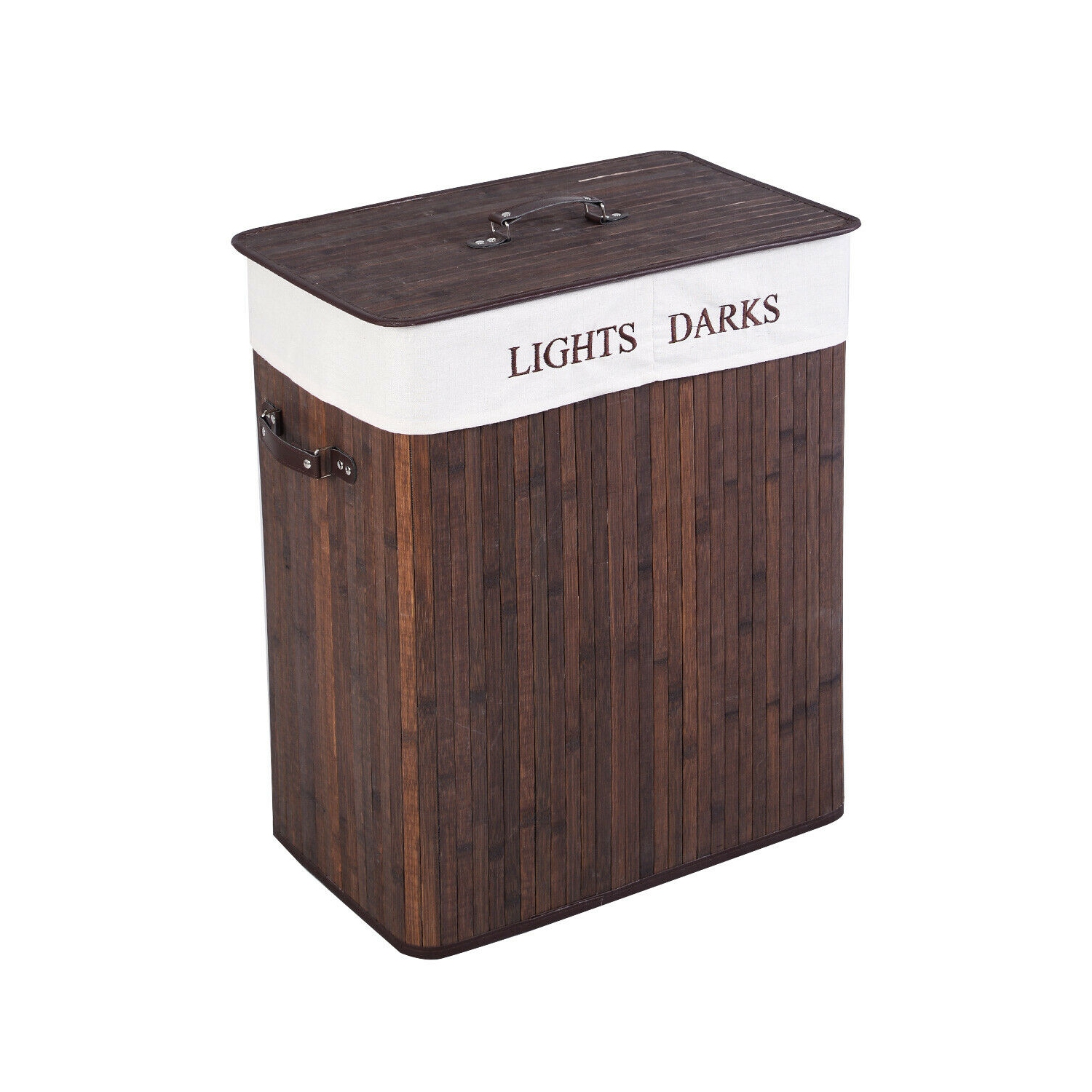 Costway Folding Double Rectangle Bamboo Hamper Laundry Basket Cloth Storage Bag Lid Brown