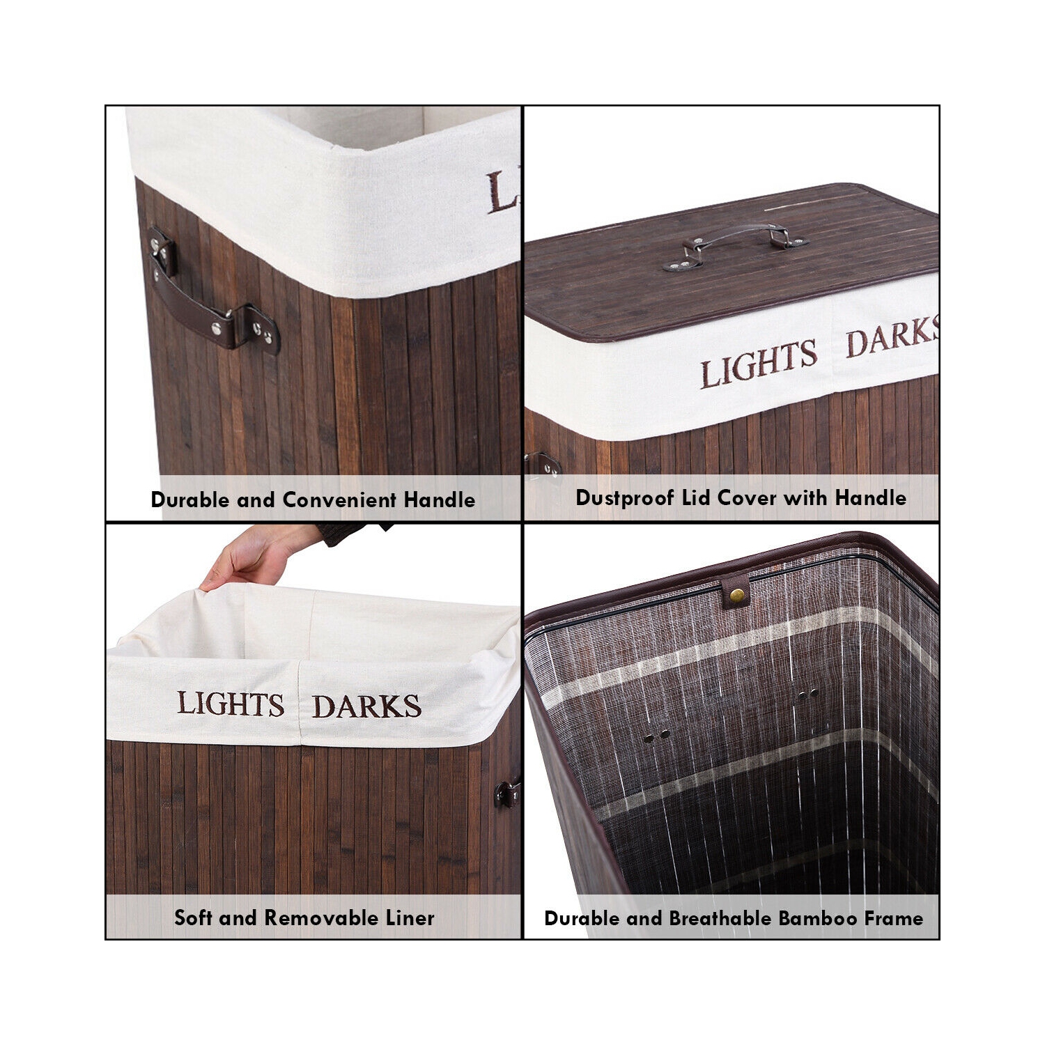 Costway Folding Double Rectangle Bamboo Hamper Laundry Basket Cloth Storage Bag Lid Brown